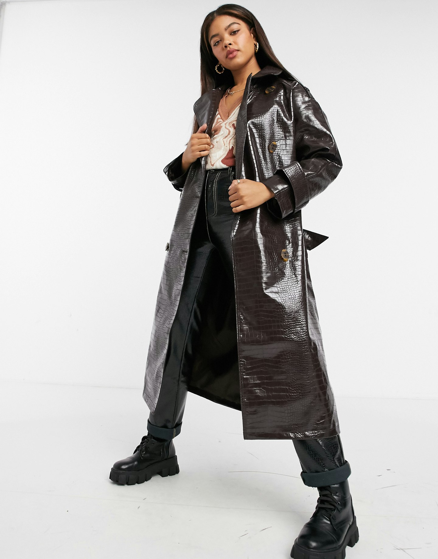 ASOS Design, Oversized Croc Vinyl Trench Coat In Brown, WAS £75, NOW £56.25
