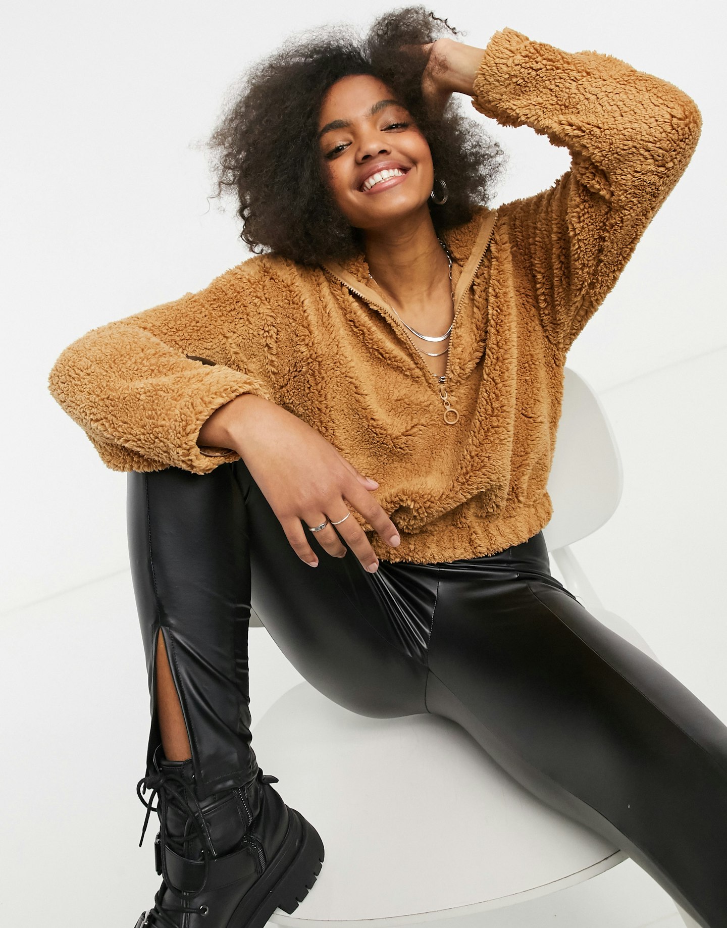 Stradivarius, Half-Zip Borg Sweat Top In Camel, WAS £25.99, NOW £23.35