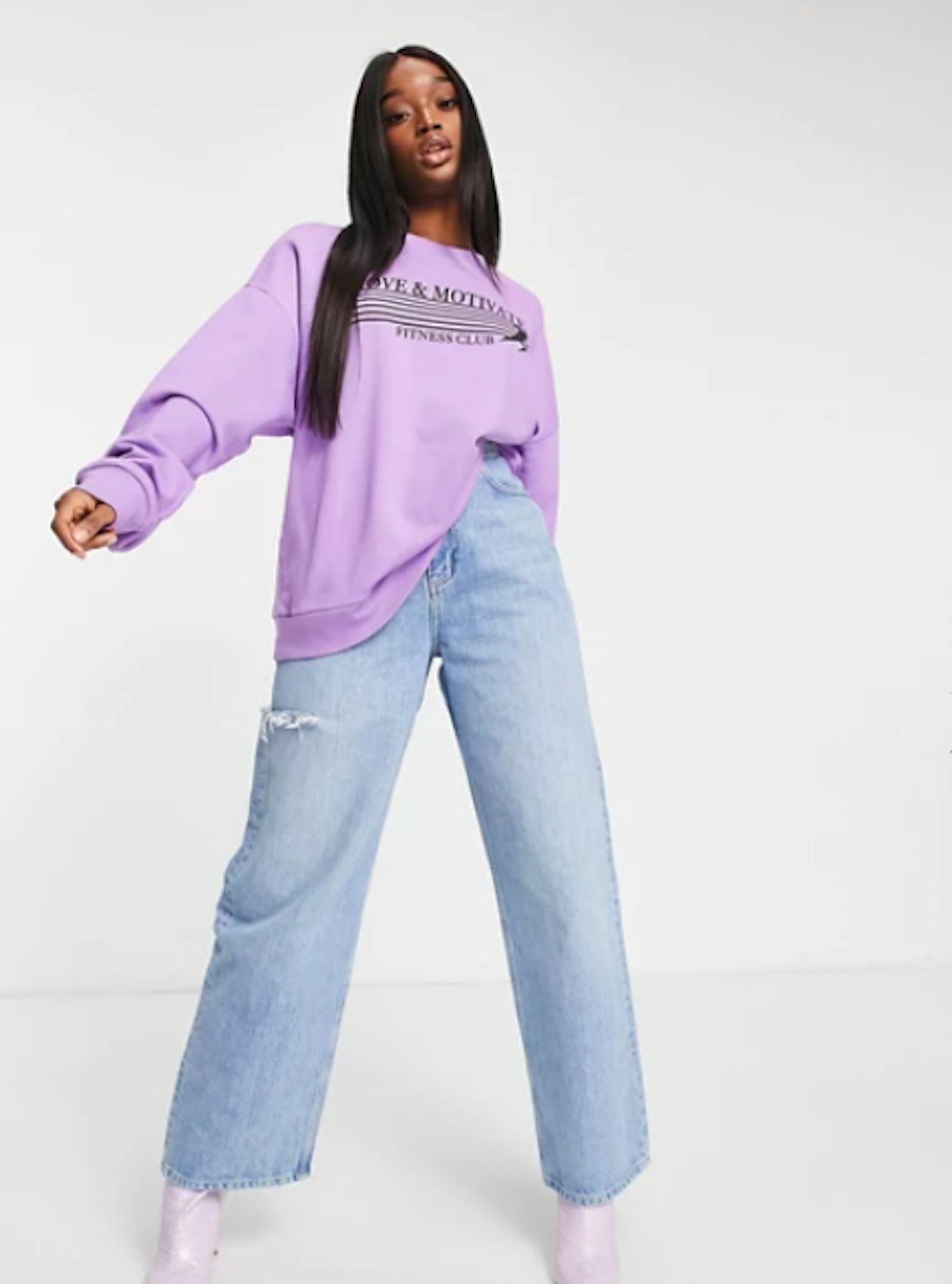 ASOS DESIGN High rise 'relaxed' dad jeans with thigh rip in midwash