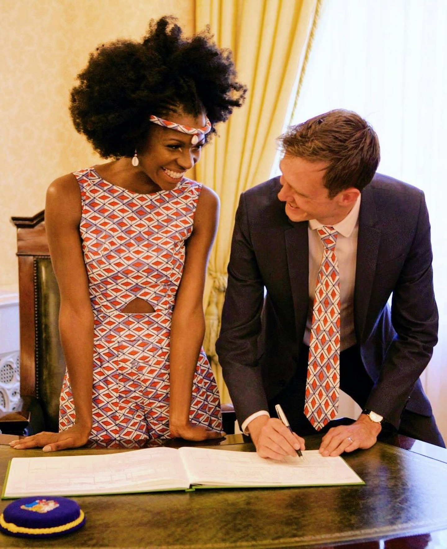 Freddie Harrel in a By Natacha Baco jumpsuit on her wedding day