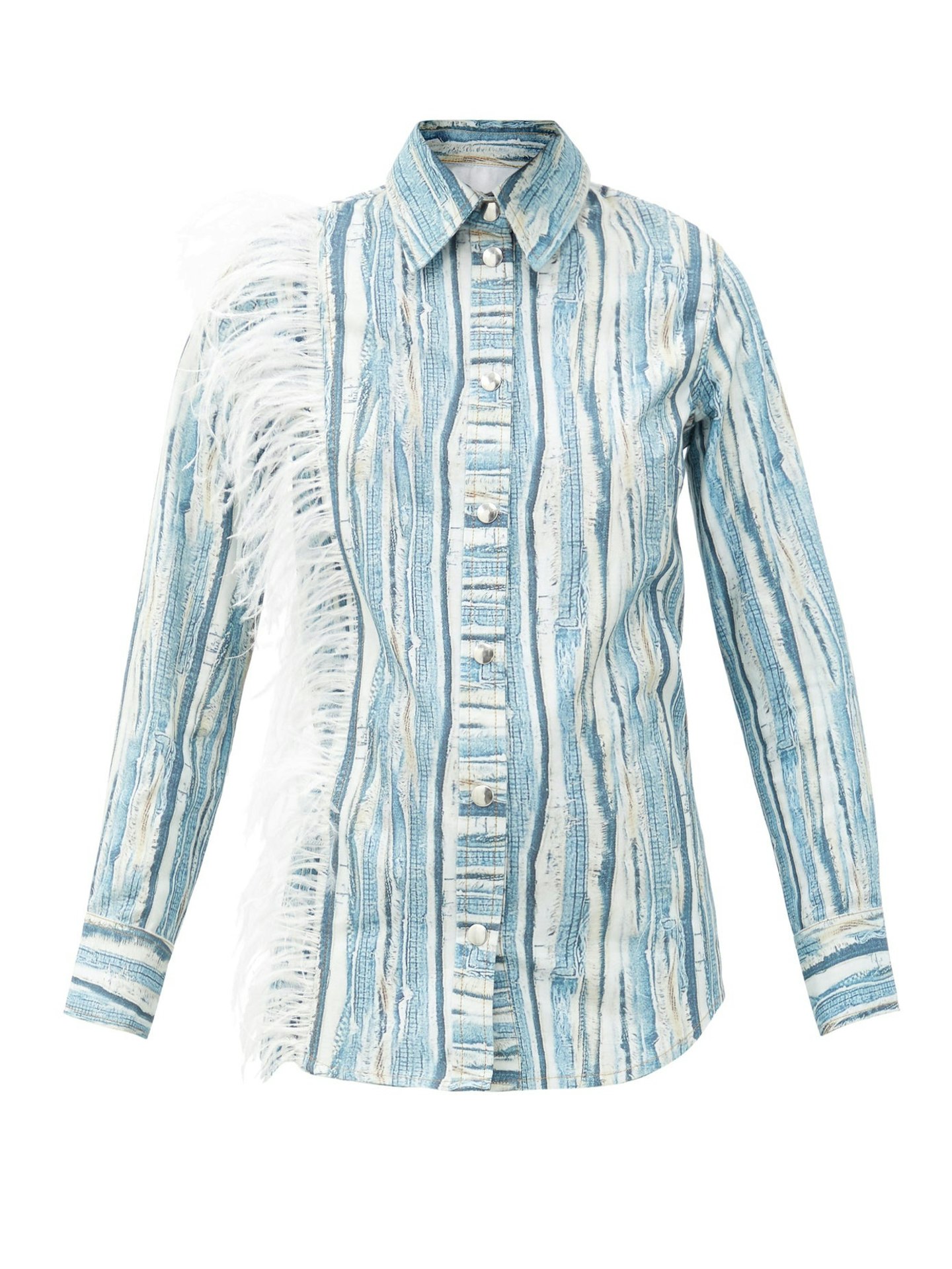 Thebe Magugu, Feather-Trimmed Shredded Denim-Print Cotton Shirt, WAS £590 NOW £295