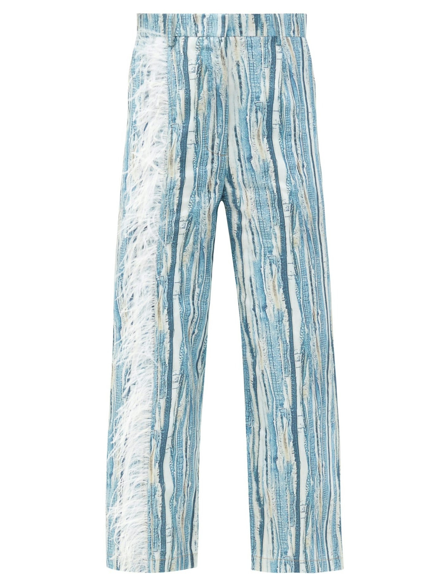 Thebe Magugu, Feather-Trimmed Shredded Denim-Print Cotton Jeans, WAS £540 NOW £270