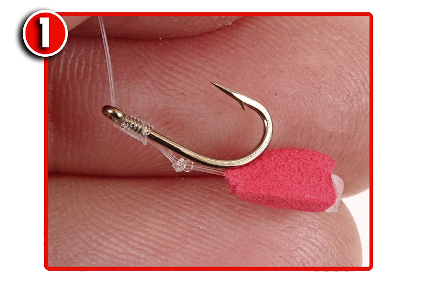 Tie a size 10 forged hook to a short length of 8lb fluorocarbon using a knotless knot and attach a slither of red rig foam to the hair 
