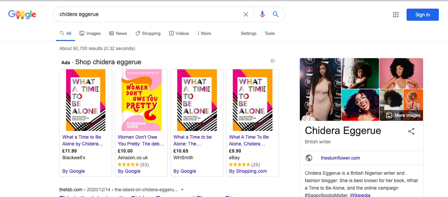 Google Ad results when you search for Chidera Eggerue's name or 'Black feminist books'...