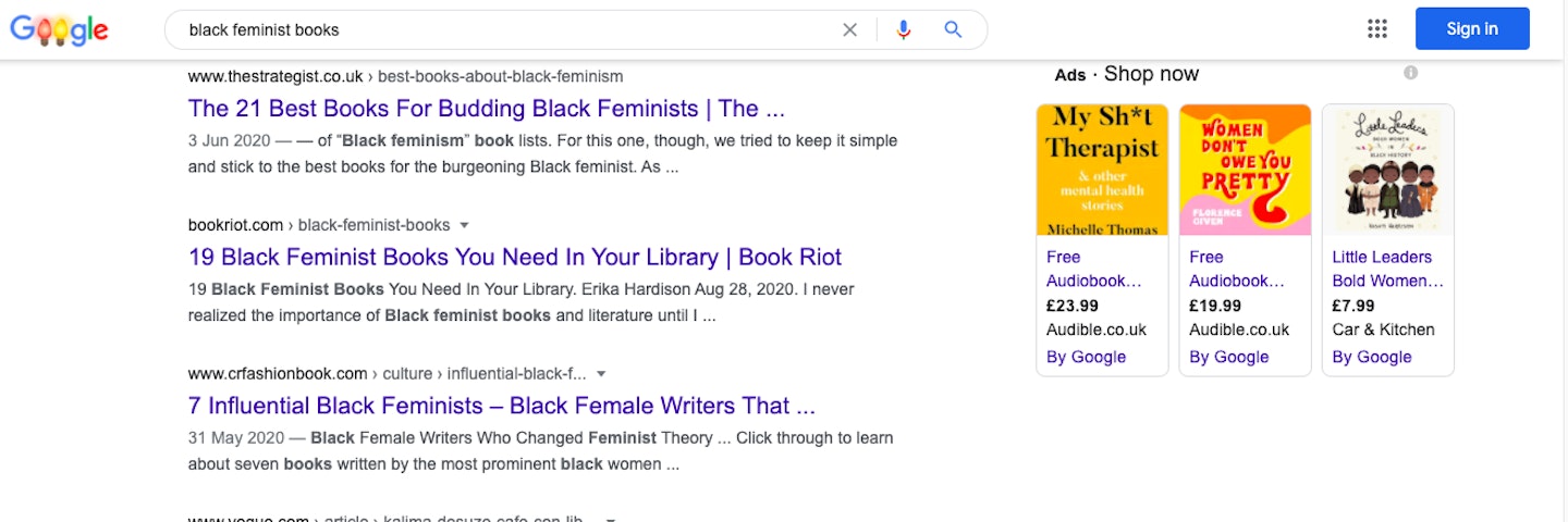 Google Ad results when you search for Chidera Eggerue's name or 'Black feminist books'...