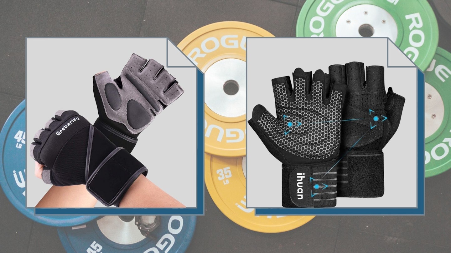 Two pairs of the best weight-lifting gloves on a bumper plates background
