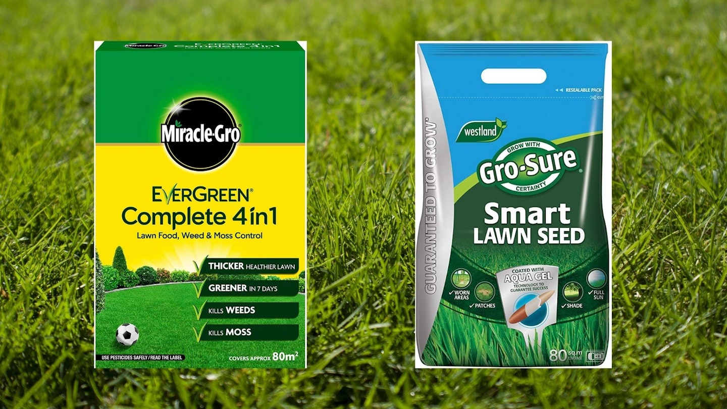 Grass background with box of Miracle-Gro EverGreen Complete and Gro-Sure Aqua Gel Coated Smart Grass Lawn Seed on top