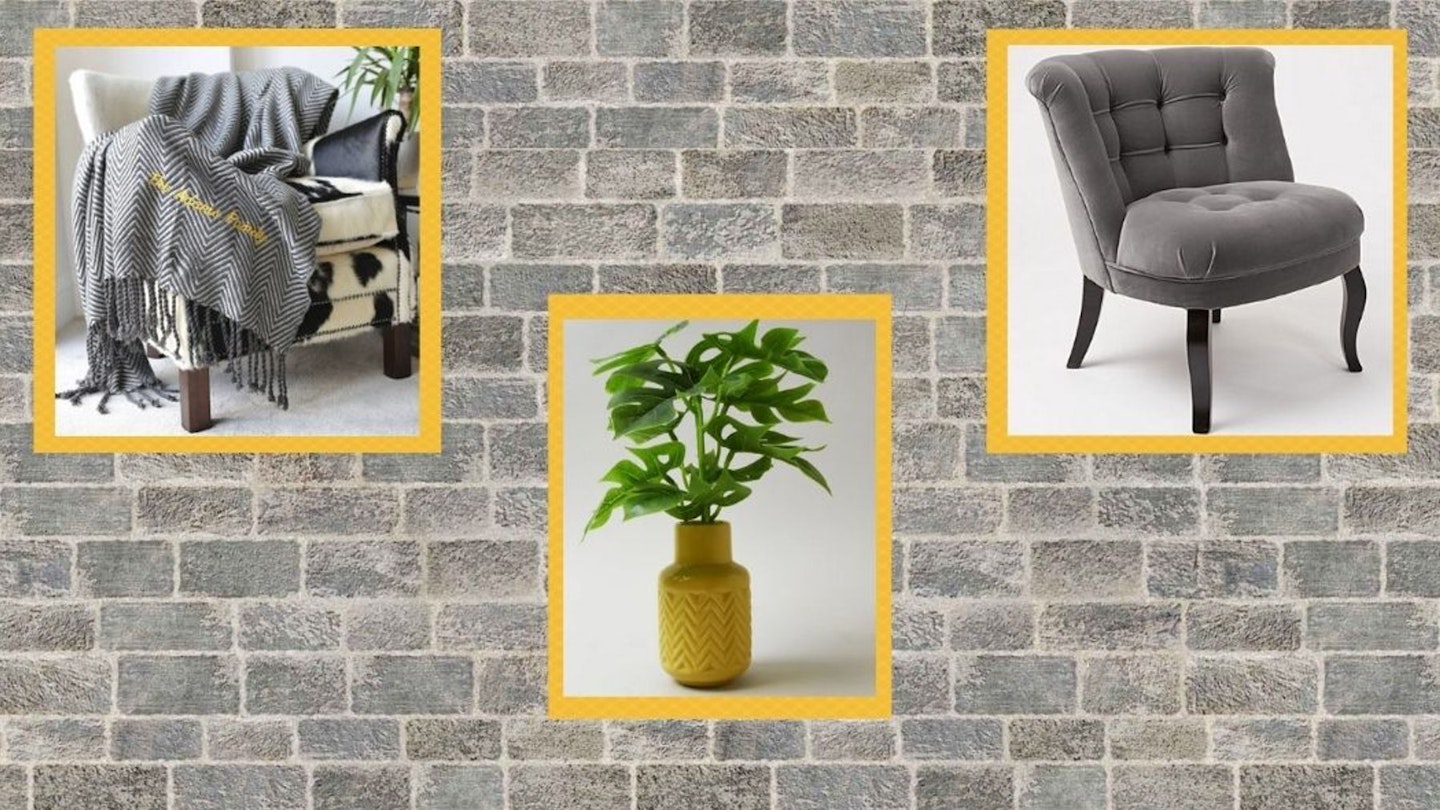 Ultimate Grey blanket and chair, Illuminating Yellow artificial plant on grey brick background