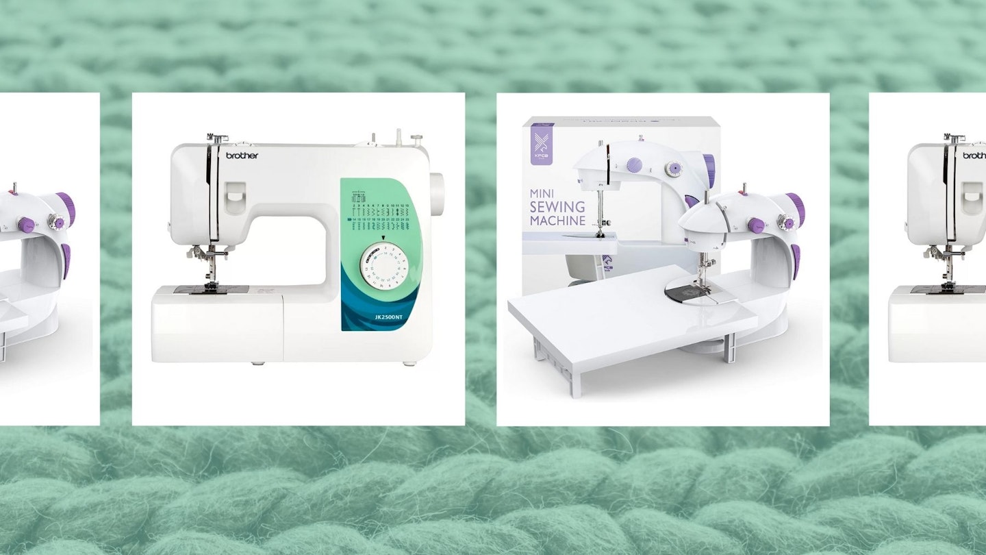 Sewing machines on knitted green background
