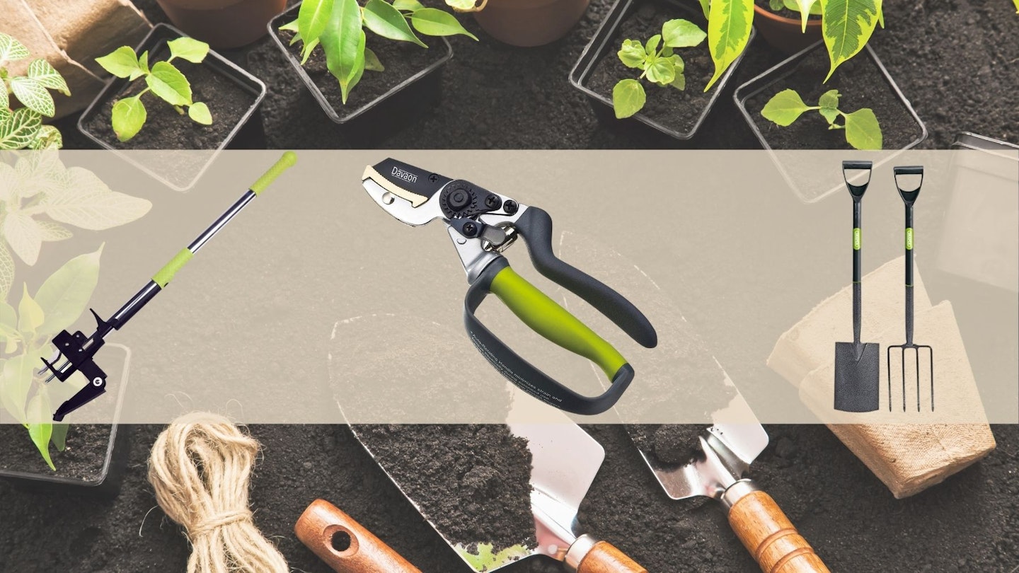 gardening tools on top of a soil and plant background