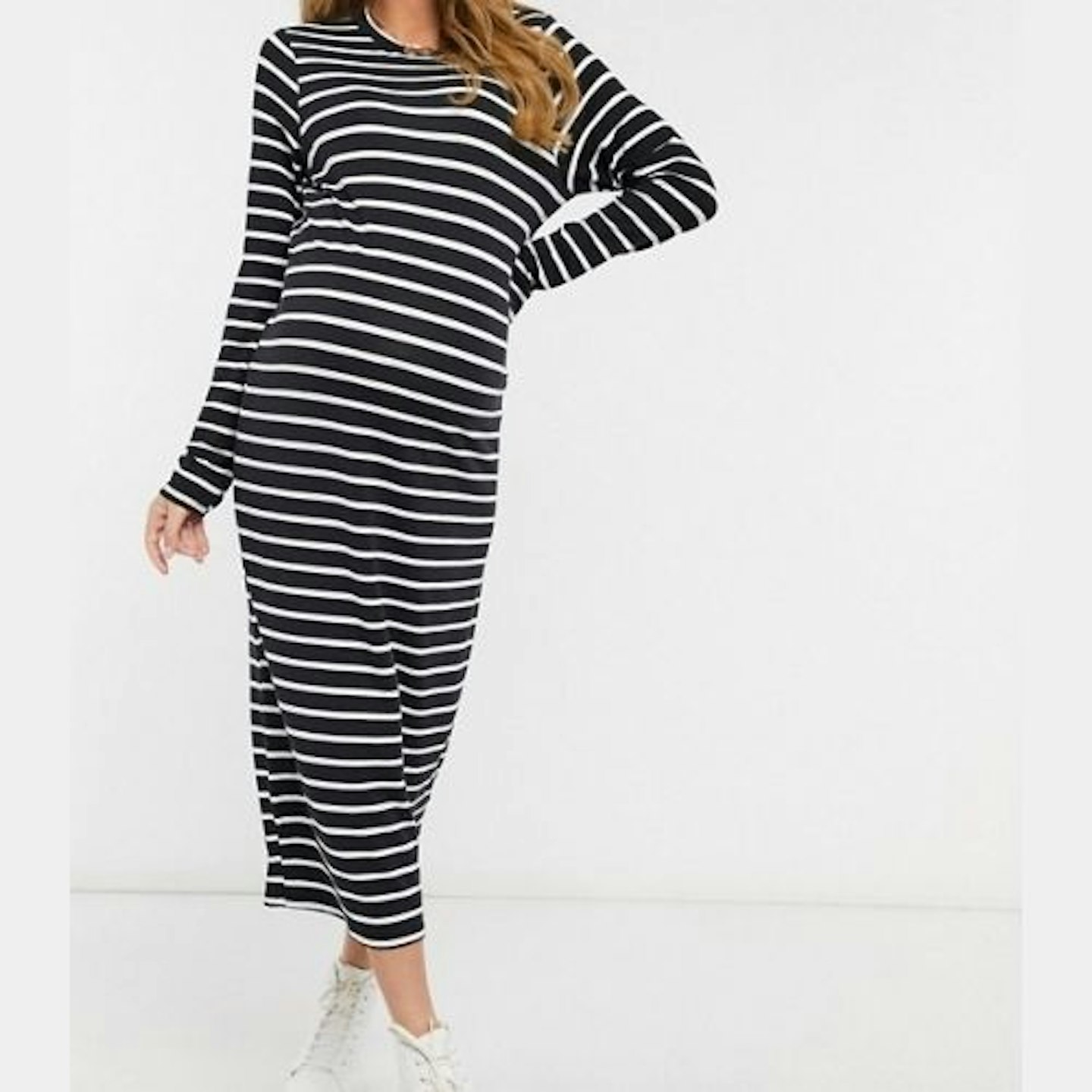 ASOS DESIGN Maternity long sleeve t-shirt midi dress in black and white stripe