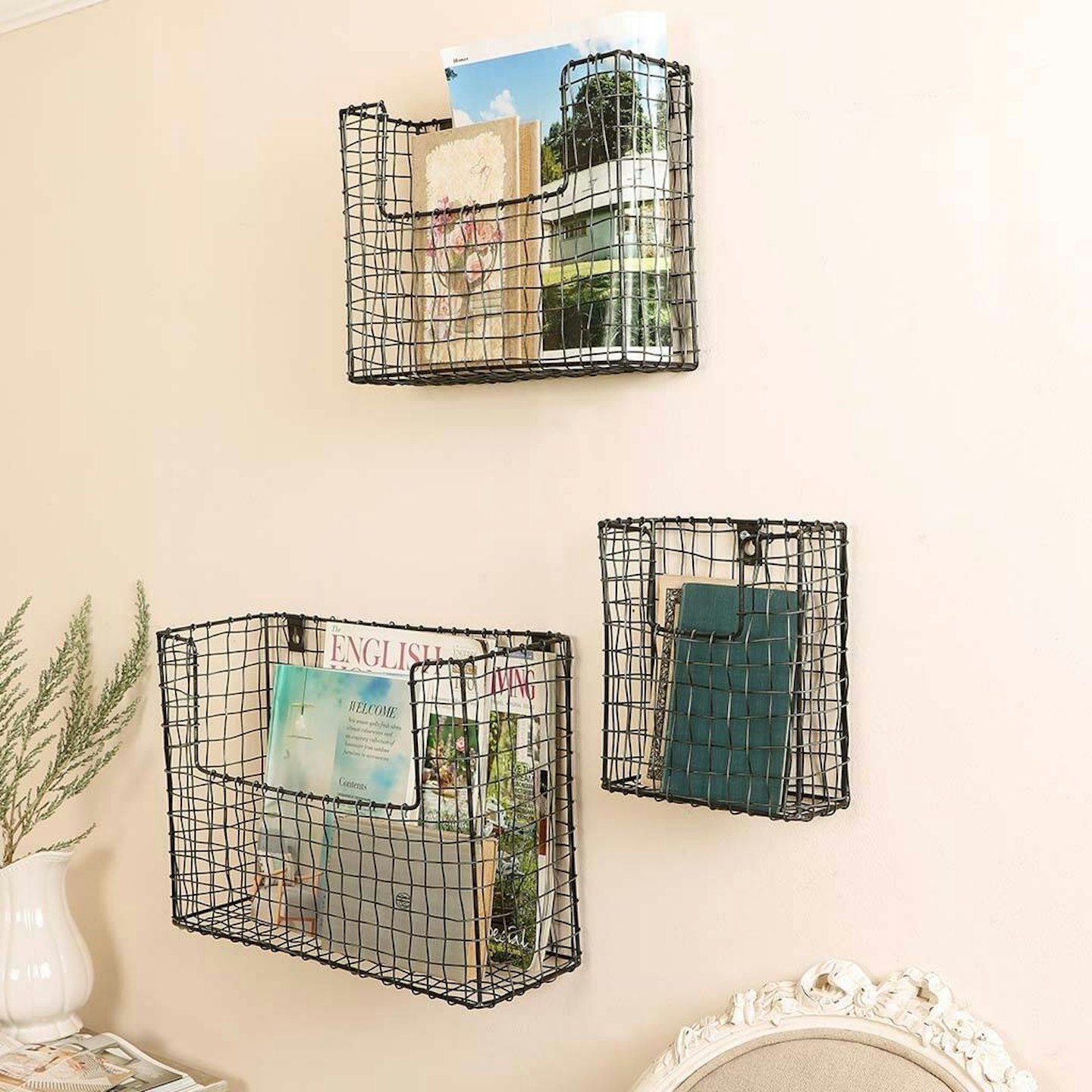 Set Of Three Wall Mounted Black Wire Baskets