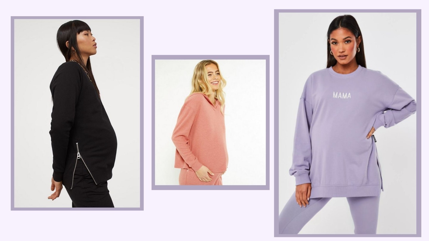 Best maternity loungewear - three clothing items in boxes on purple background