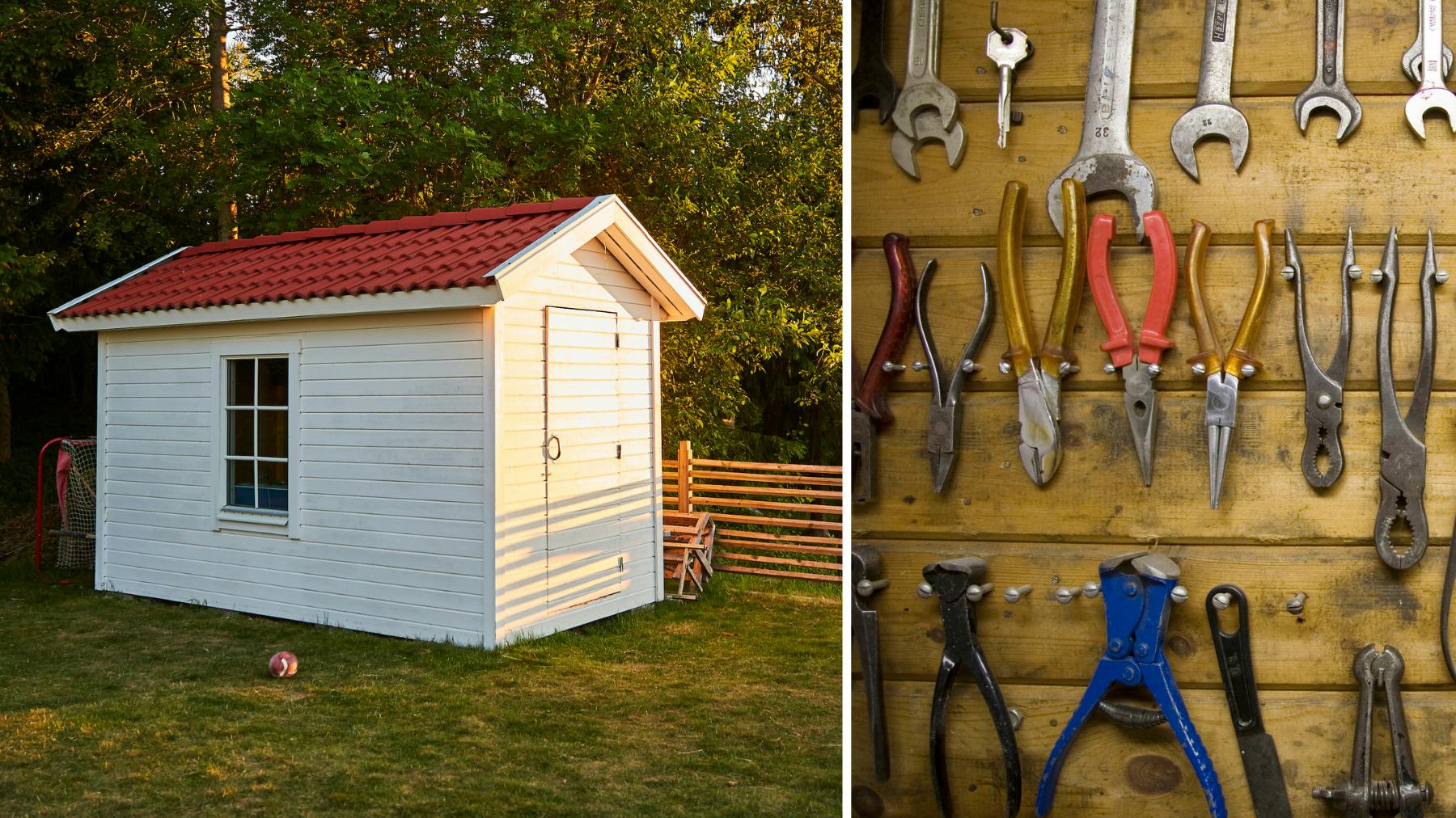 Shed and garage organisation: a shed on a lawn and a wall of spanners