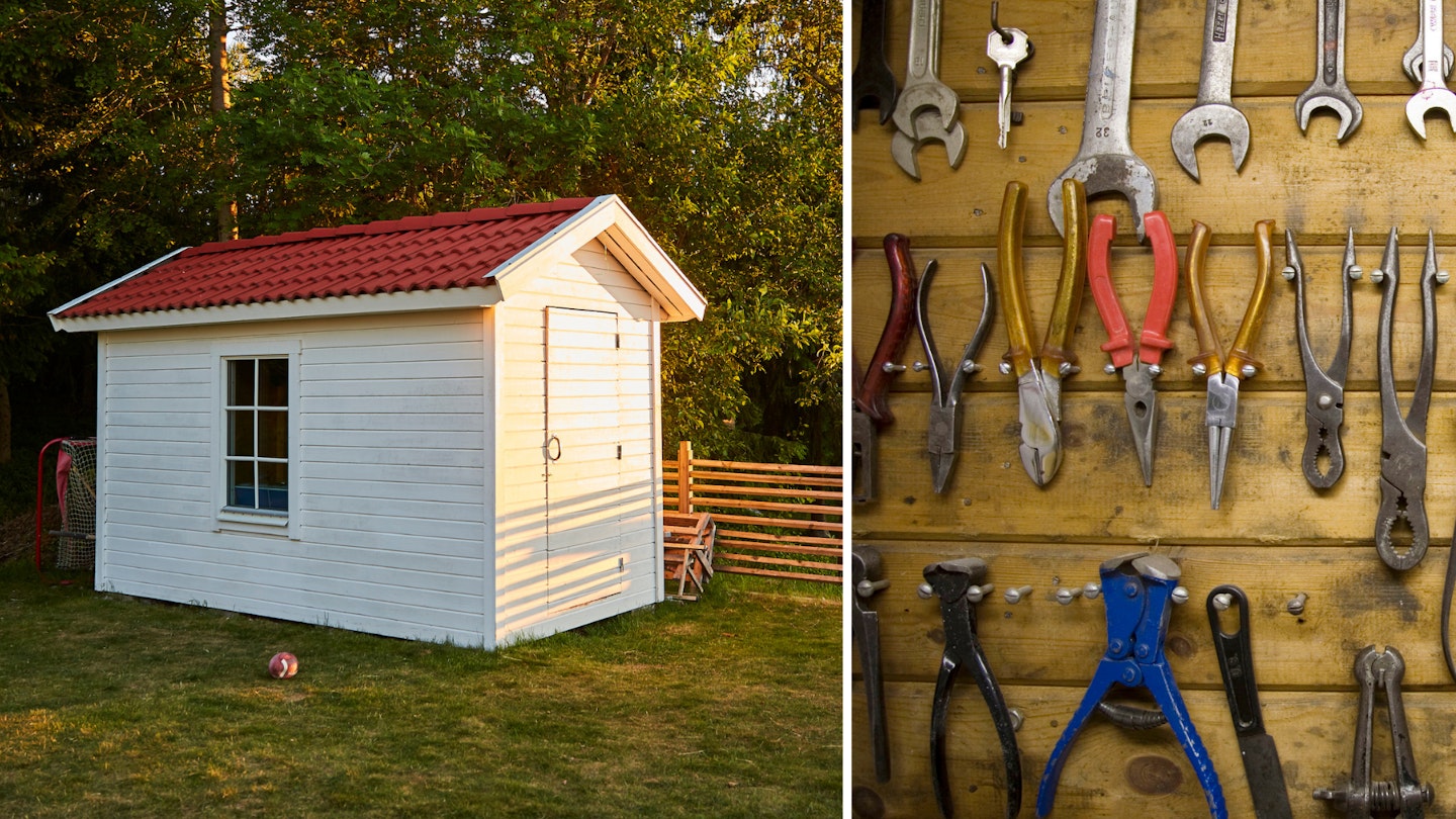 Shed and garage organisation: a shed on a lawn and a wall of spanners