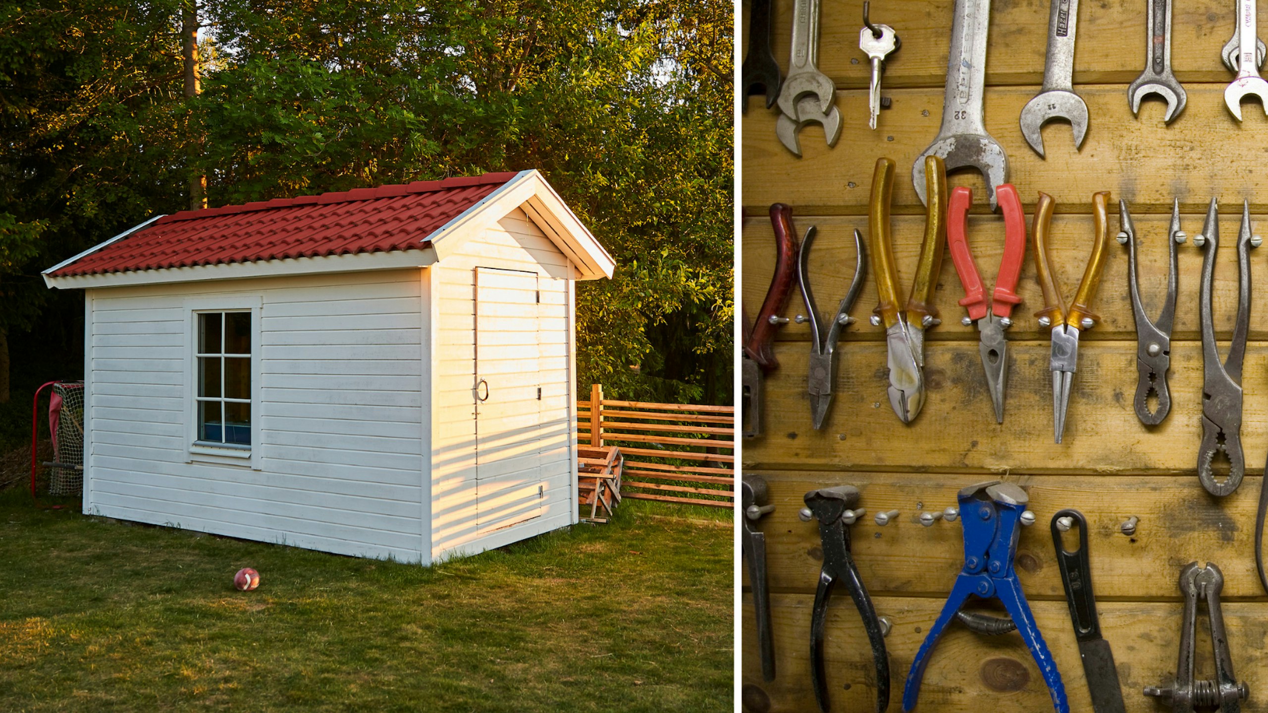 Shed and garage organisation: a shed on a lawn and a wall of spanners