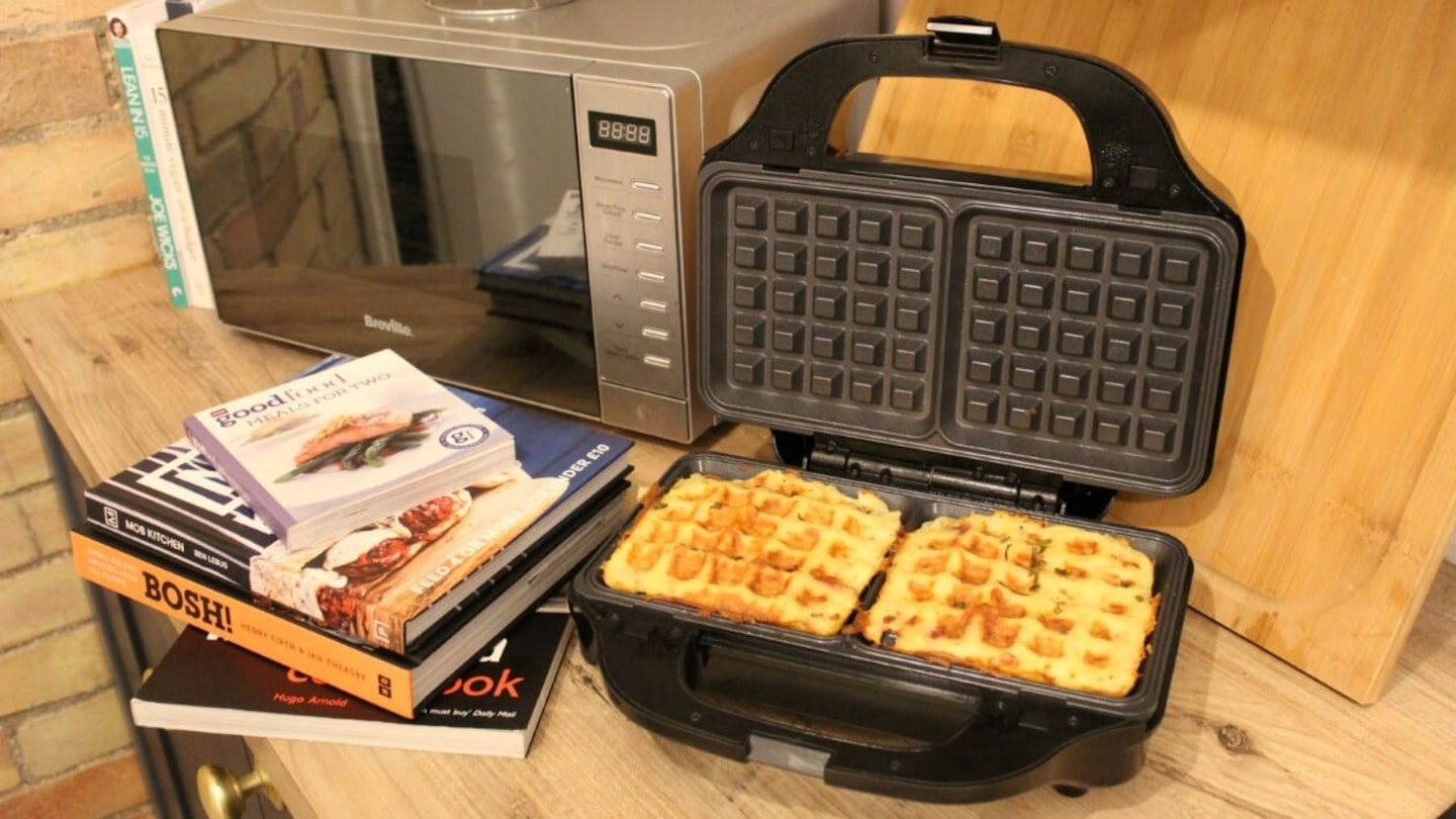 Salter 4-in-1 snack maker open with waffles prepared