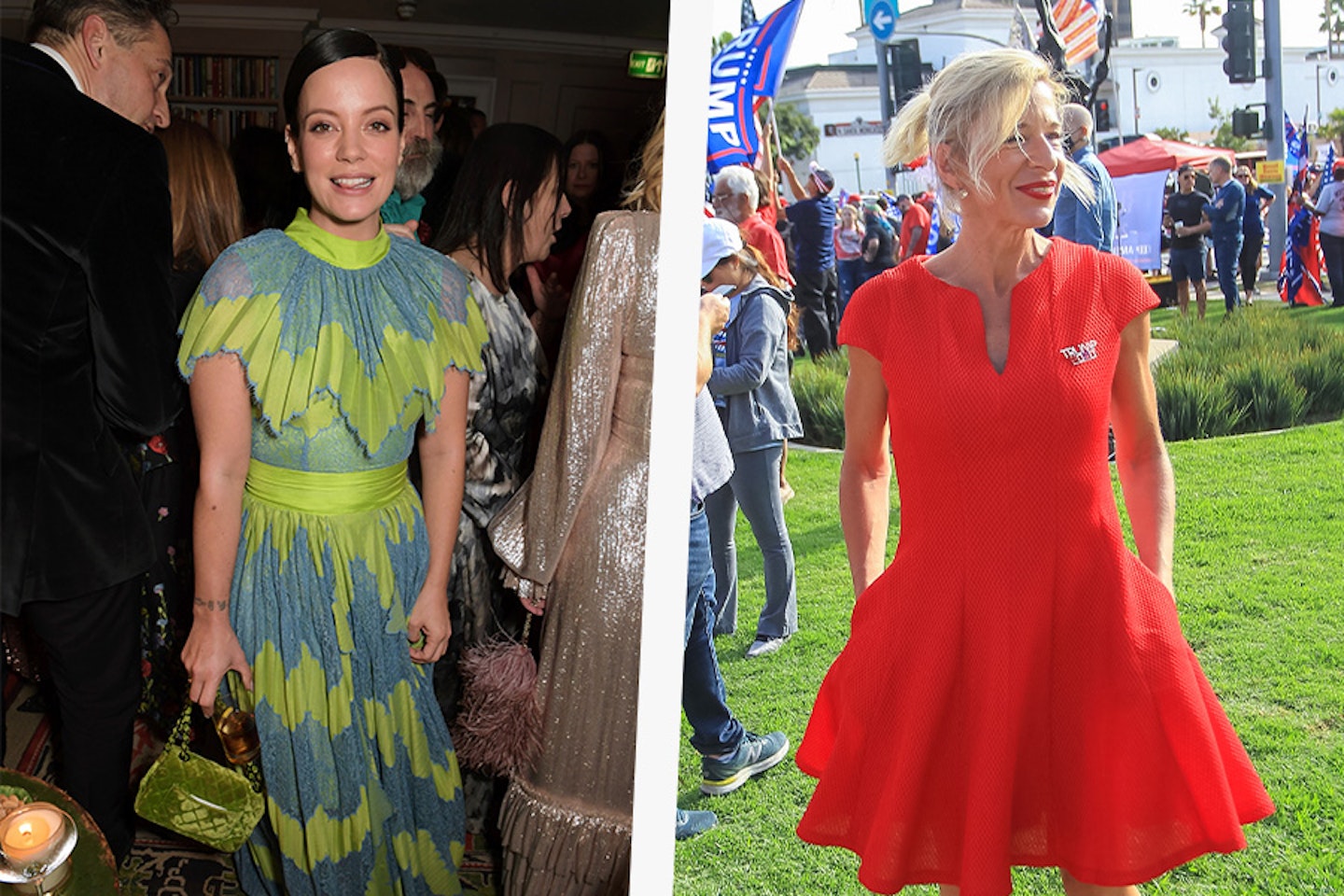 Left- Lily Allen attends the Charles Finch & CHANEL Pre-BAFTA Party 2020 in London. Right- Katie Hopkins is seen on October 24, 2020 in Los Angeles, California.