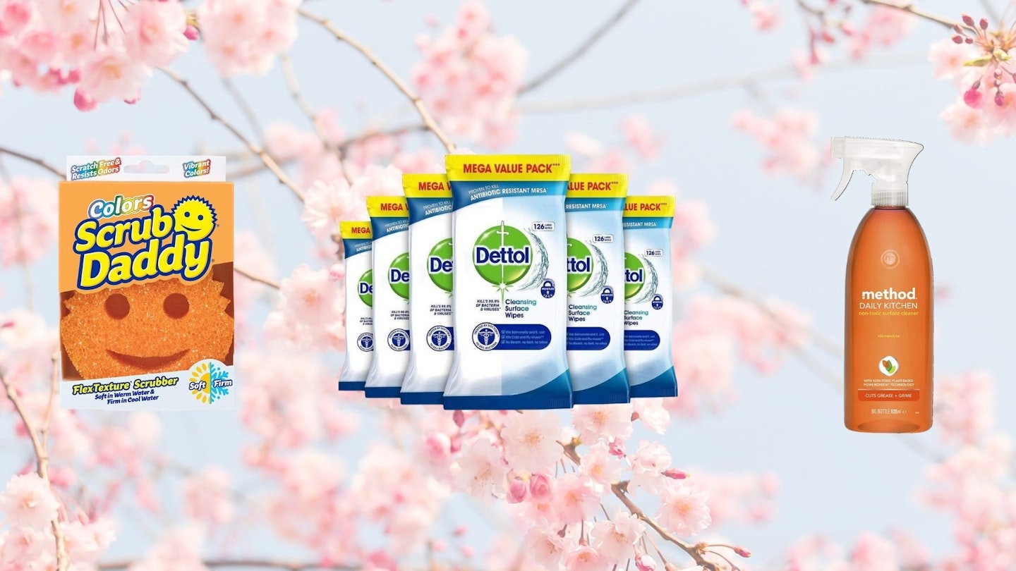 a cherry blossom tree background, with cleaning product images forefront; Scrub Daddy, Dettol surface wipes and Method daily kitchen spray 