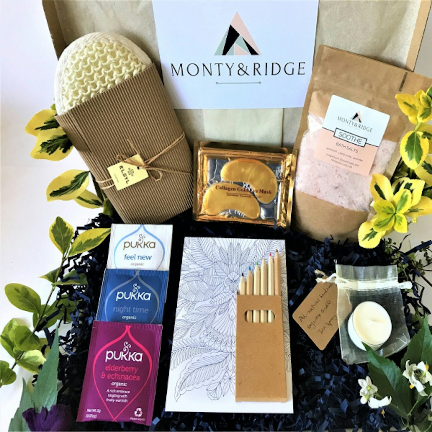 An Etsy box for mindfulness including tea, colouring post card and bath salts