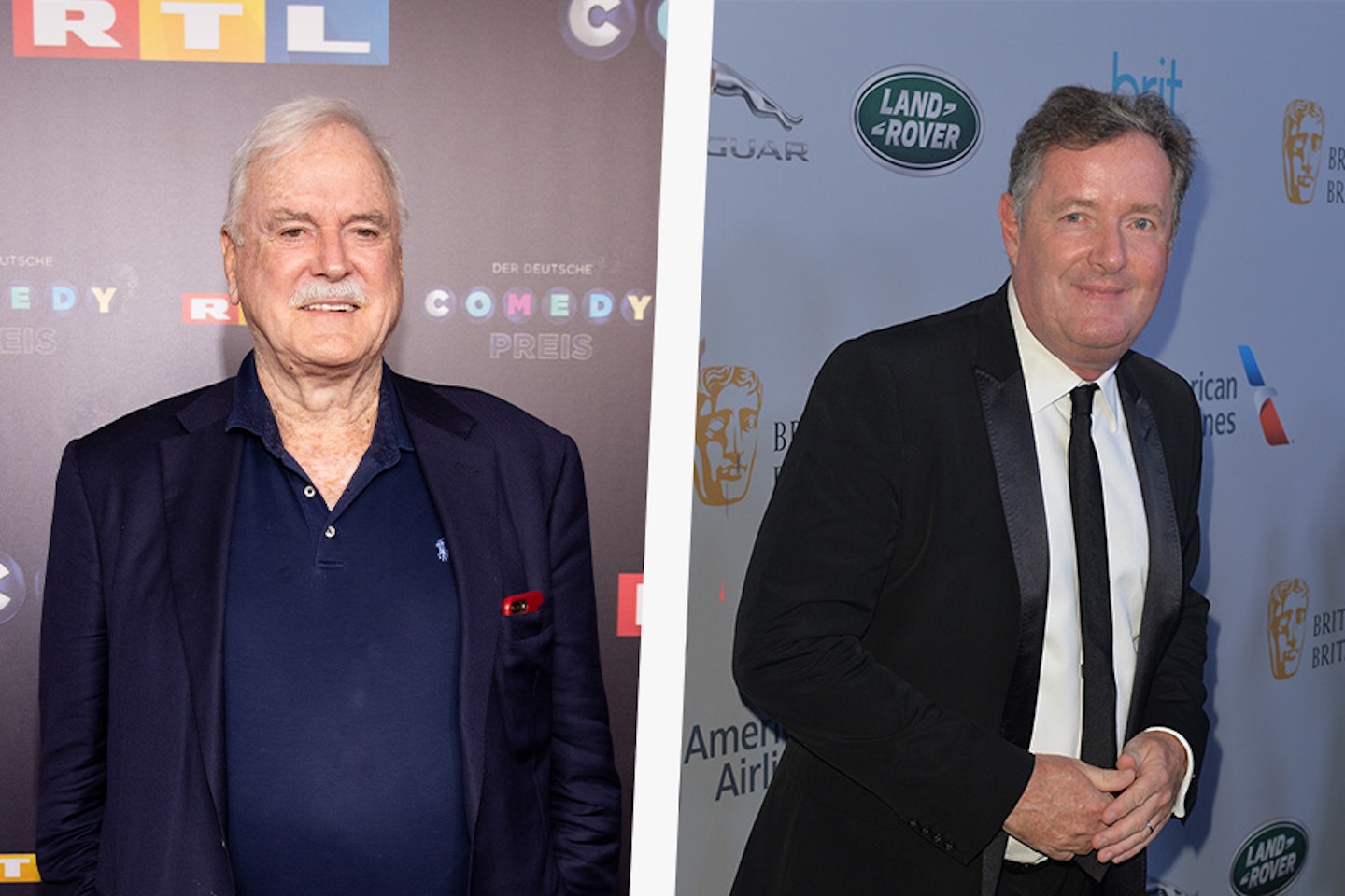 Left- John Cleese pose for the 23rd annual German Comedy Awards 2019 in Cologne, Germany. Right- Piers Morgan attends 2019 British Academy Britannia Awards, October 2019.