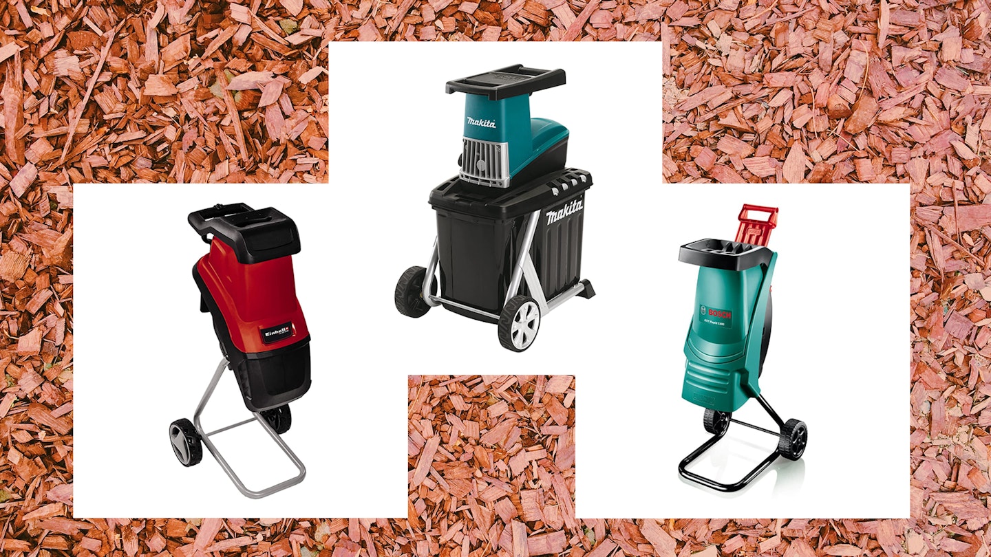 Three garden shredder products against a chipped wood background