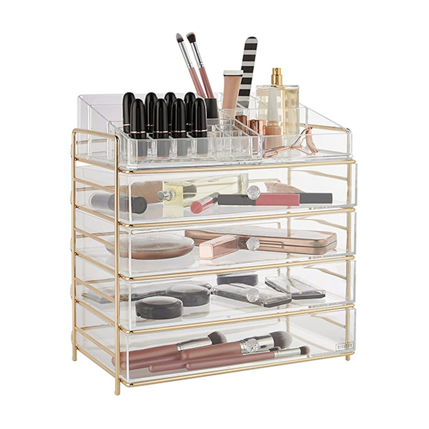 Beautify Acrylic Cosmetic Organiser Case Table Storage Stand with Champagne Frame
