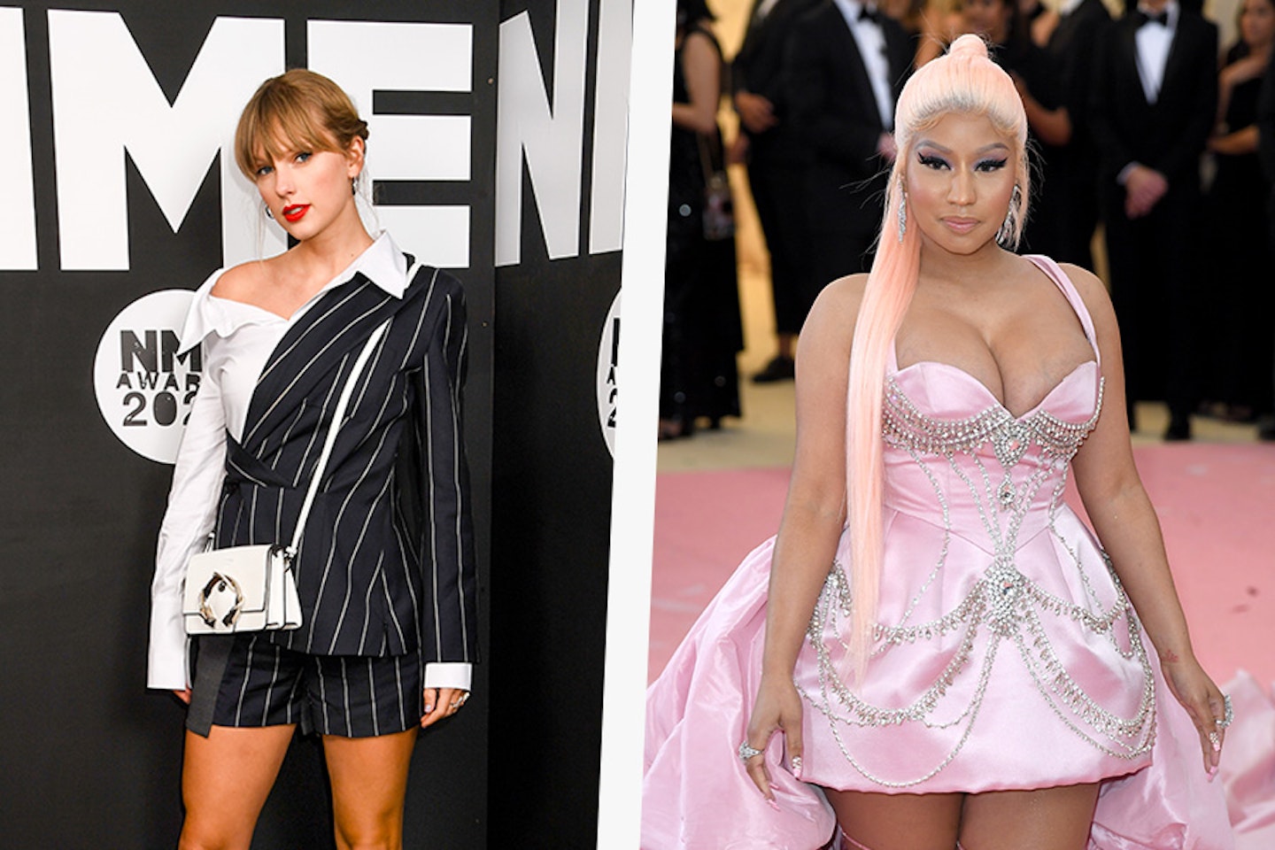 Left- Taylor Swift poses with the Best Solo Act In The World Award in the winner room at the NME Awards 2020 at O2 Academy Brixton London 2020. Right- Nicki Minaj attends The 2019 Met Gala.