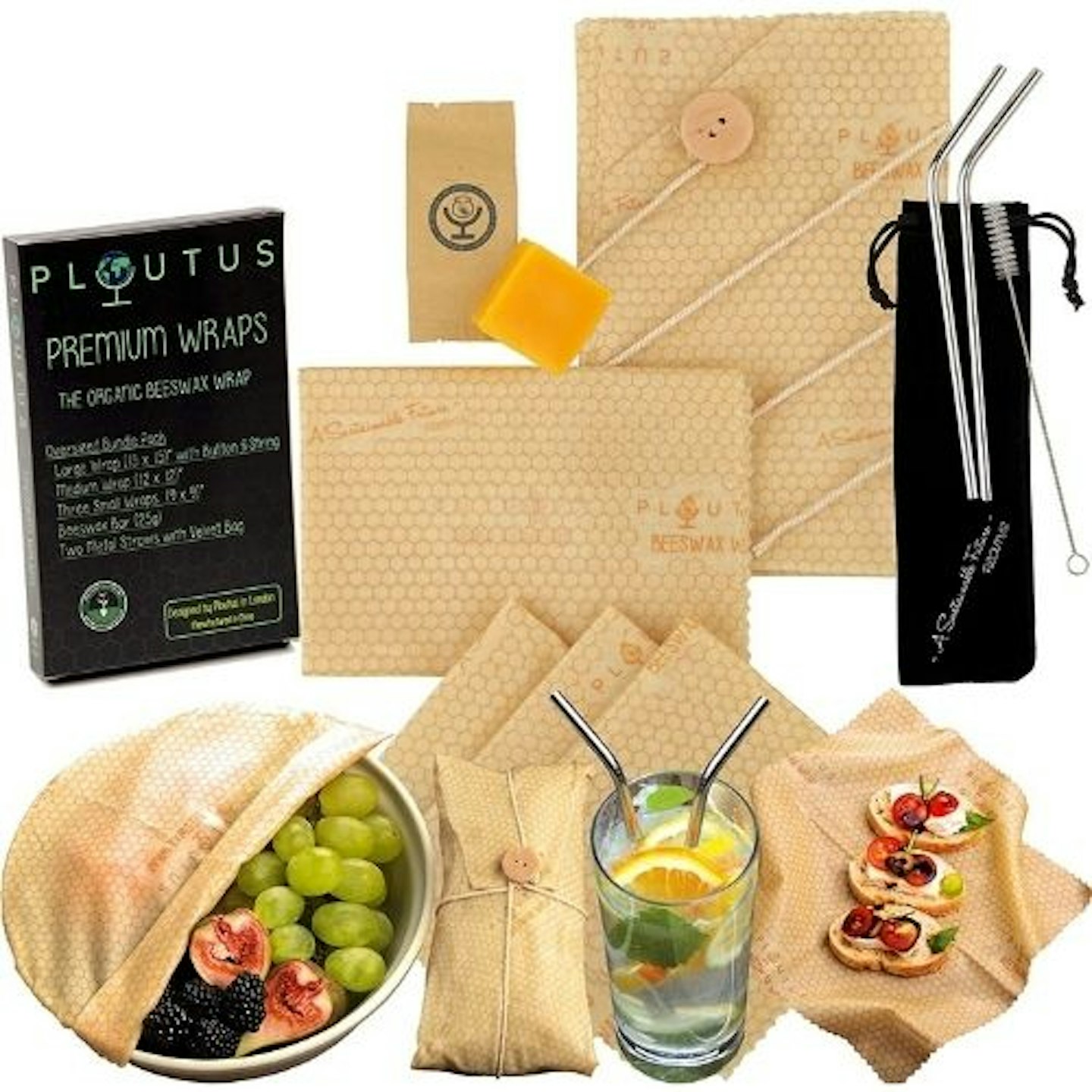 Reusable Beeswax Wraps- Extra Large Assorted 5 Pack + 2 Metal Straws