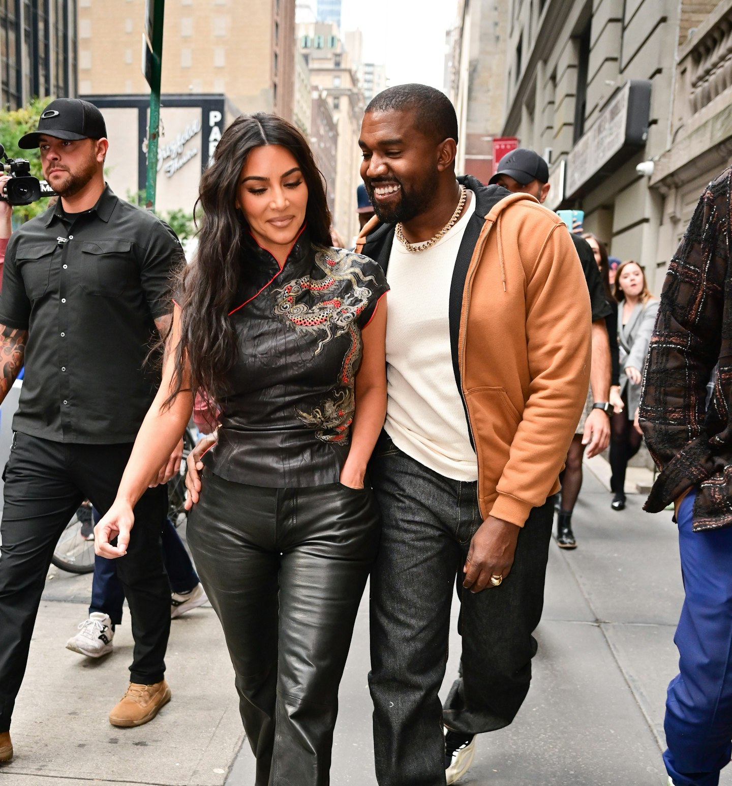 Kim Kardashian and Kanye West walk along 6th avenue NYC 2019.