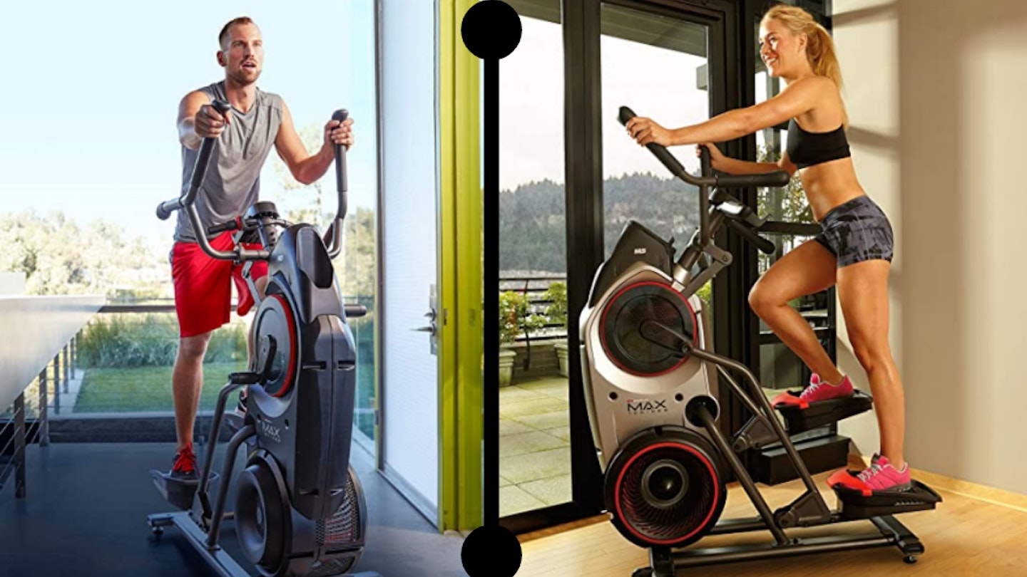 Man and woman on cross trainers at home