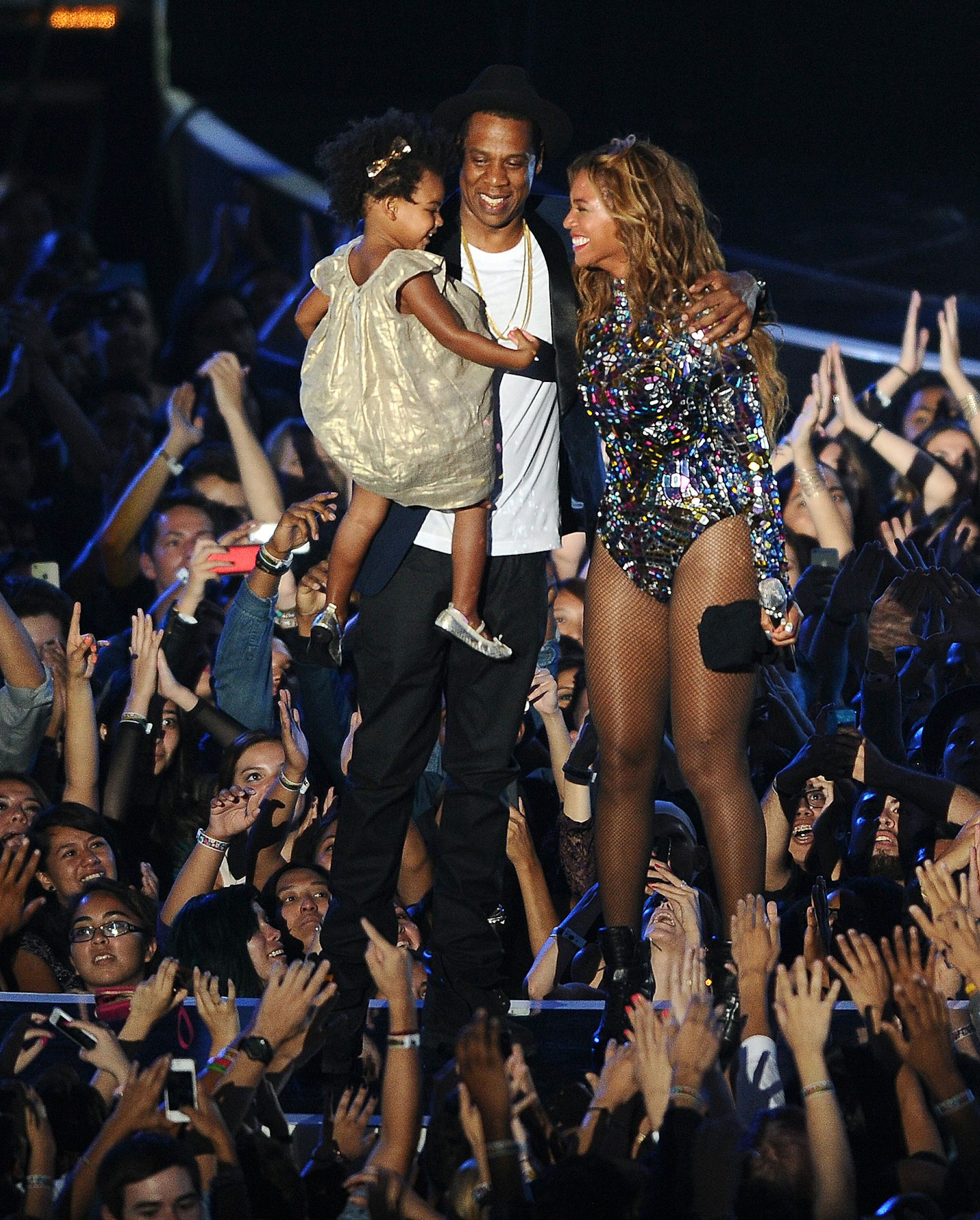 Jay-Z, Beyonce and Blue Ivy Carter onstage at the 2014 MTV Video Music Awards at The Forum on August 24, 2014, California