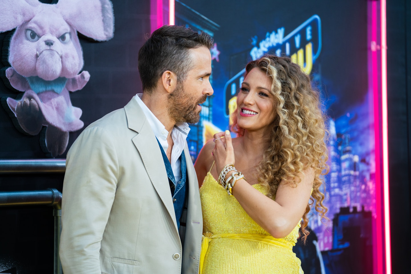 Blake Lively and Ryan Reynolds attend the premiere of "Pokemon Detective Pikachu" at Military Island in Times Square on May 2, 2019 in New York City