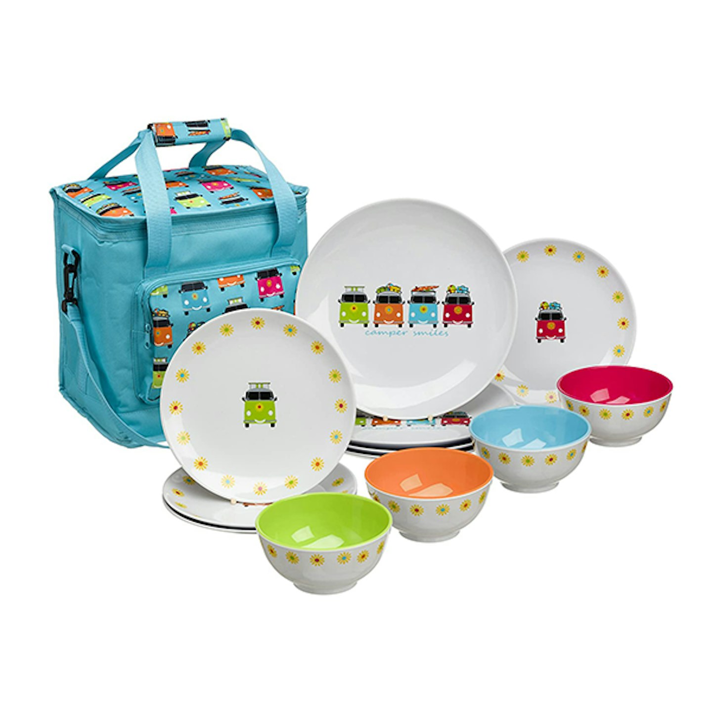 Flamefield CAM0113 Camper Smiles 12 Piece Melamine Dining Set with Cooler Bag, Multicolour