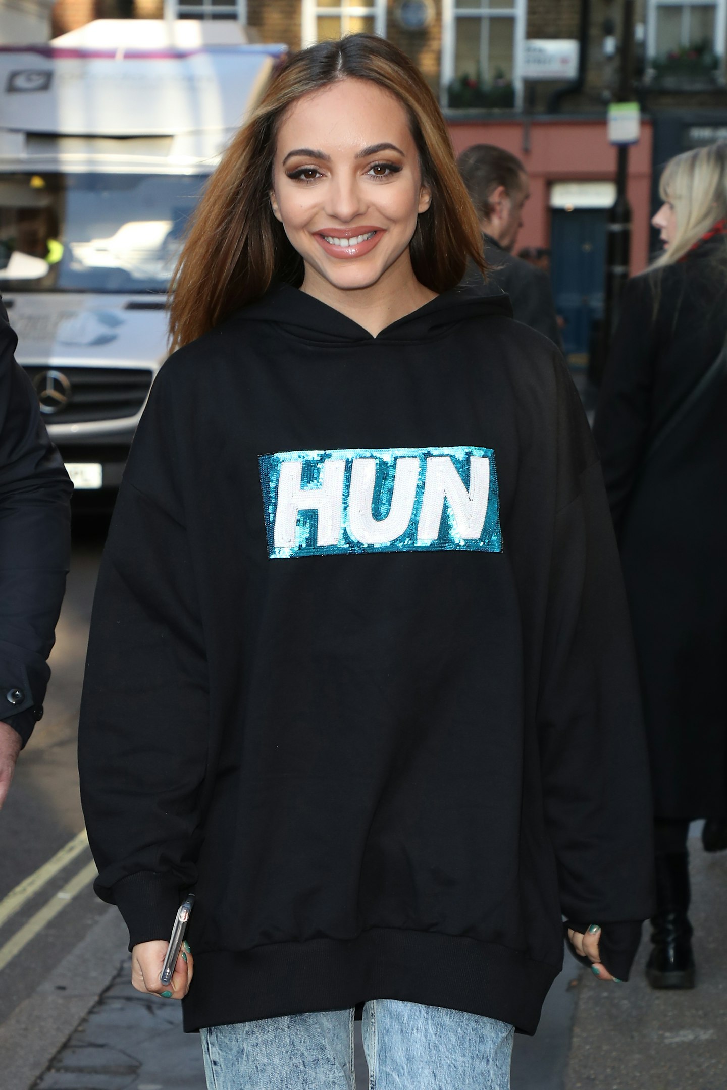 Jade Thirlwall from Little Mix seen arriving at KISS FM UK radio studios on December 04, 2019 in London, England