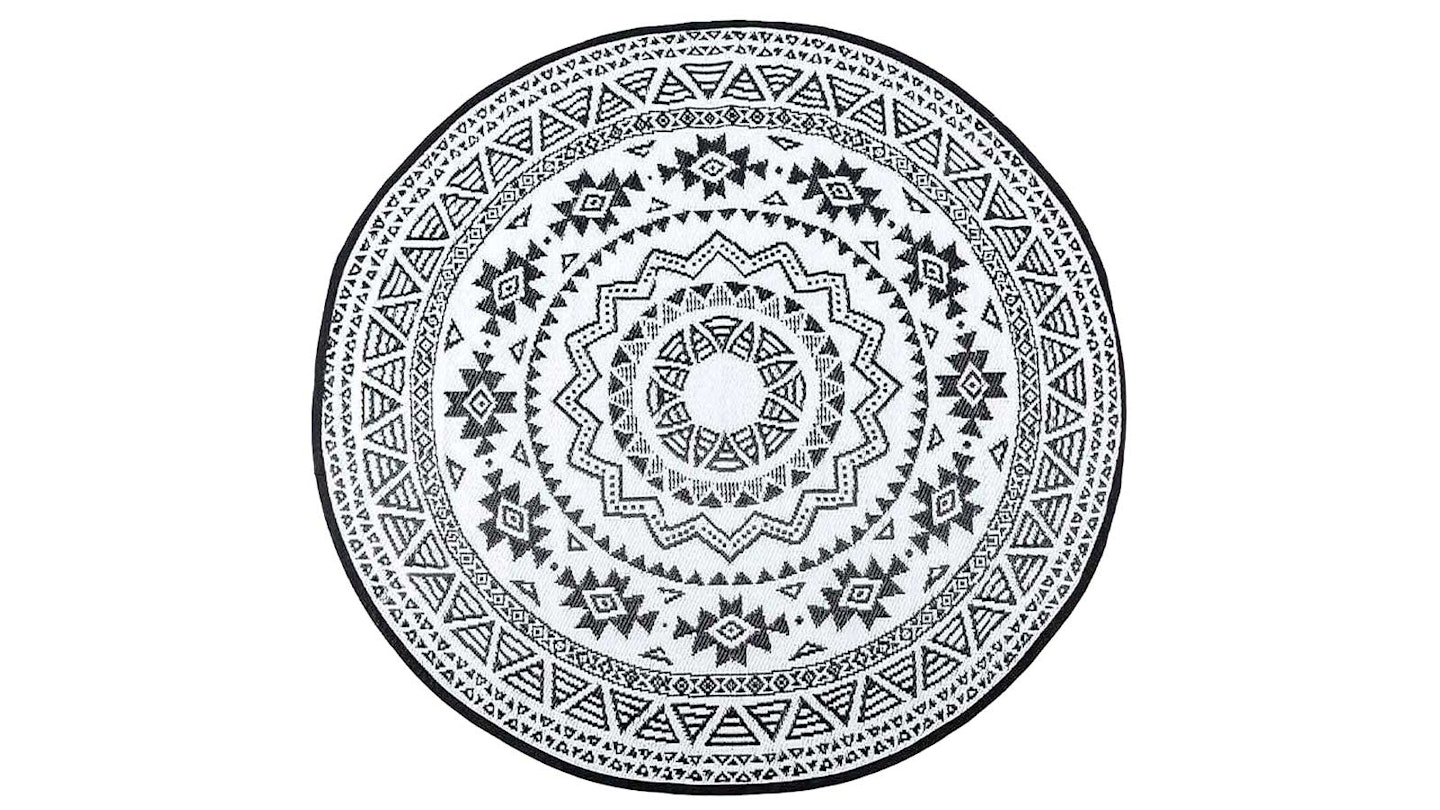 Round black and white outdoor rug
