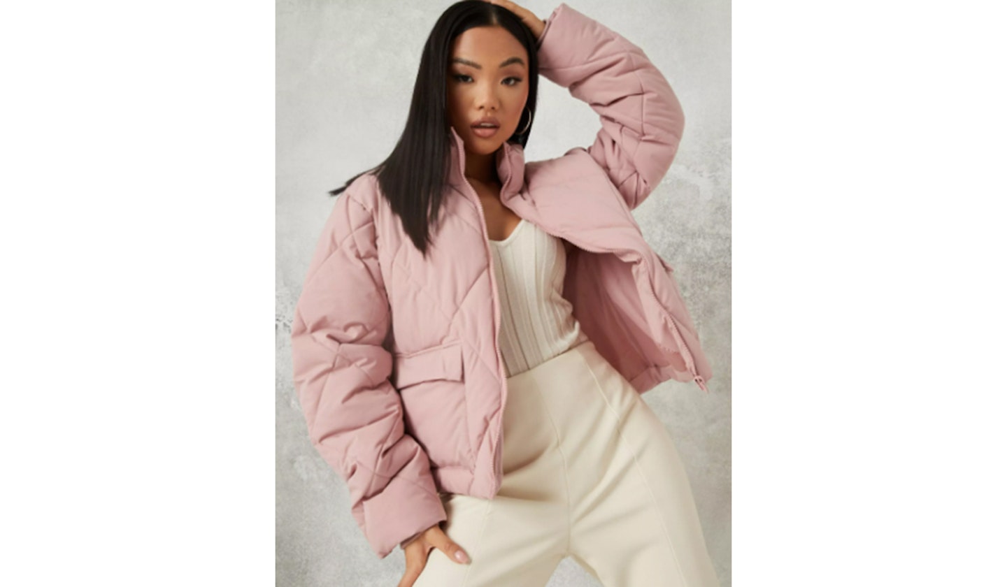 petite pink diamond quilted puffer jacket