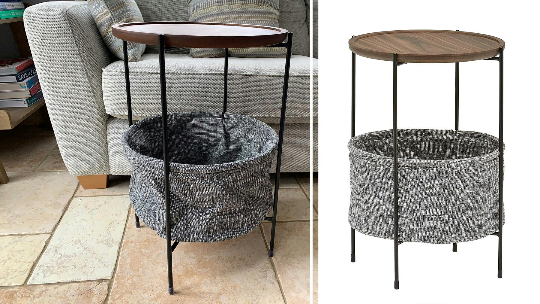 End table deals with basket underneath