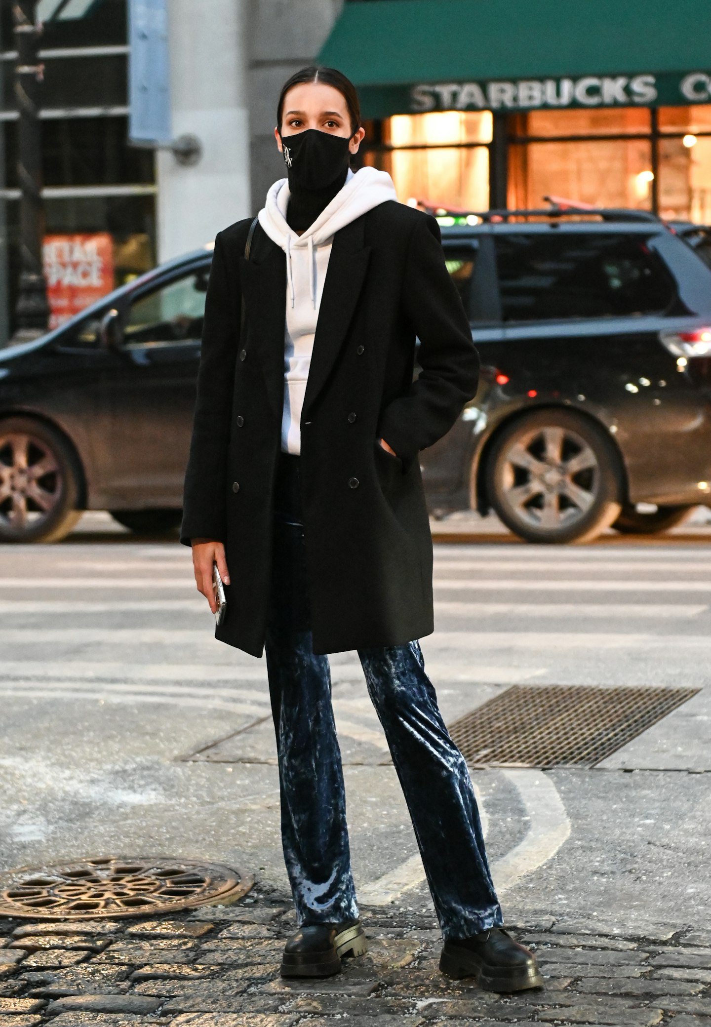 A model wearing velvet trousers at NYFW