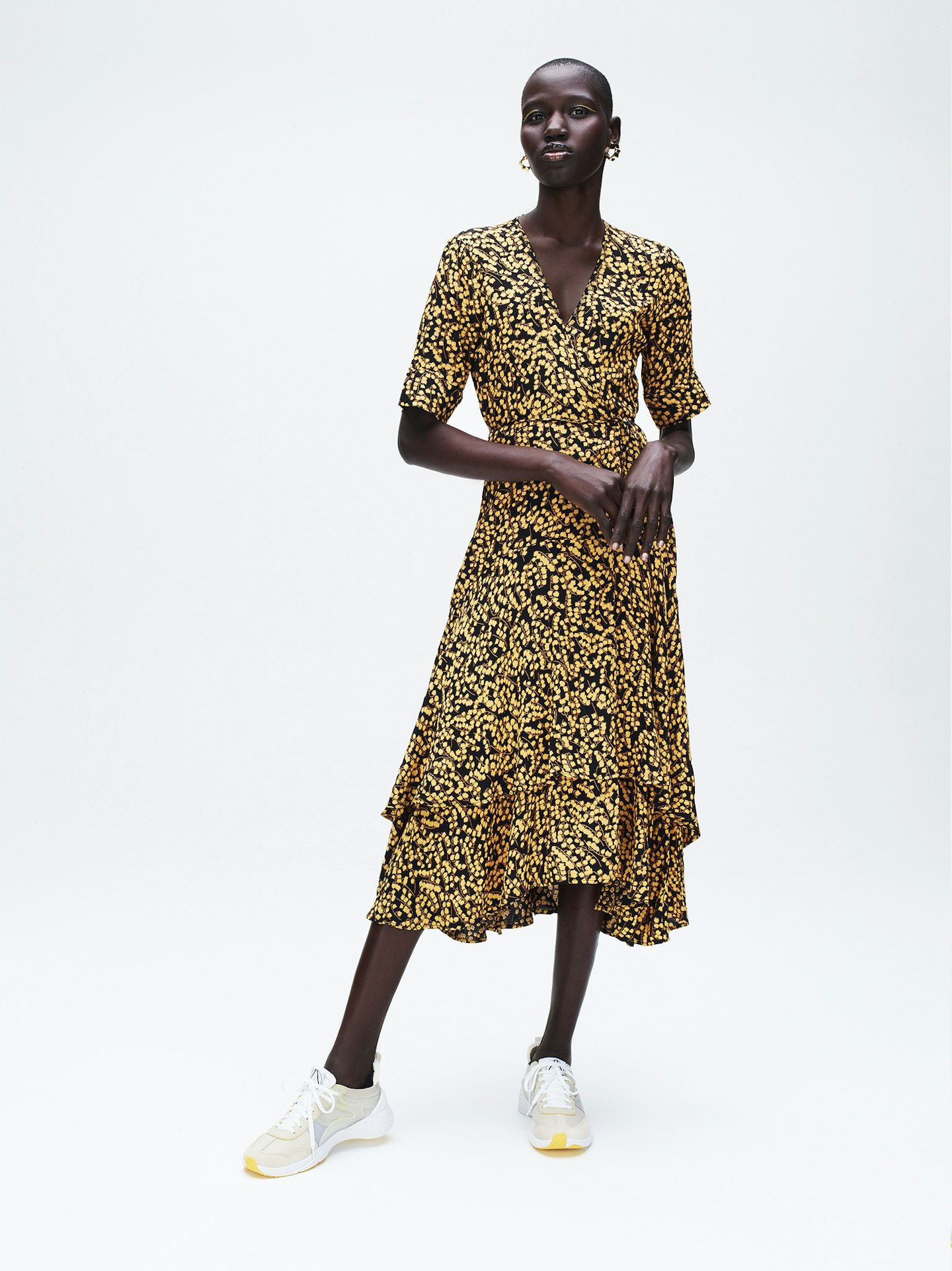 ganni printed wrap dress yellow and black