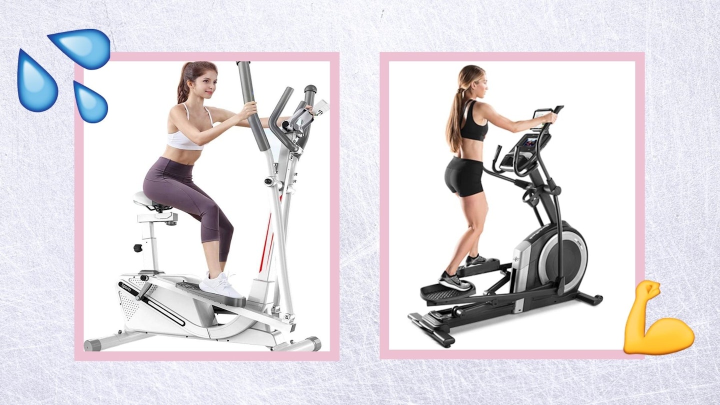 Two images of women on home cross trainers