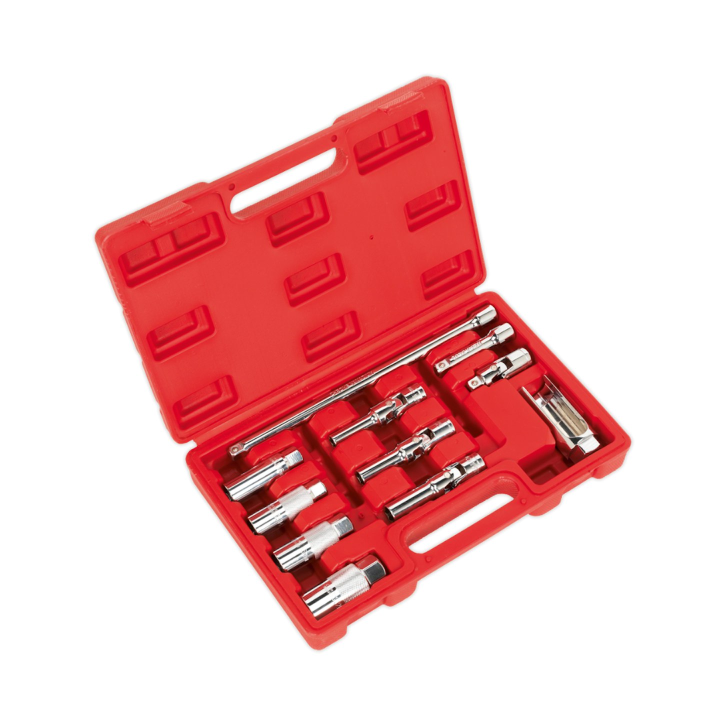 HomeAutomotive ToolsVehicle Repairs & ServicingInjection & Sensor Tools Sealey 11 Piece 3/8" Drive Master Spark/Glow Plug and Oxygen Sensor Service Set