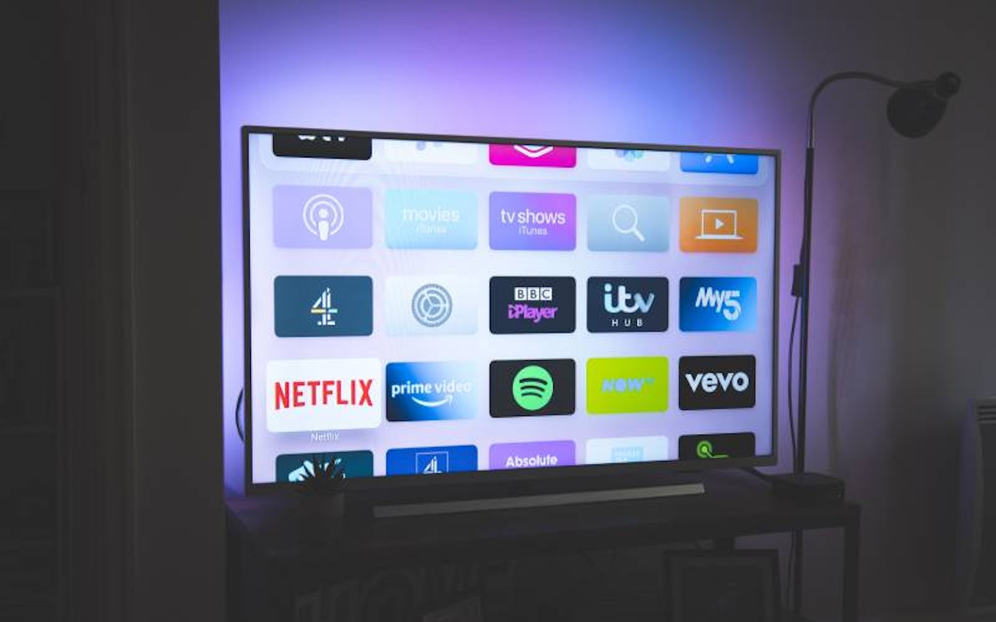 Smart TV screen with apps on it