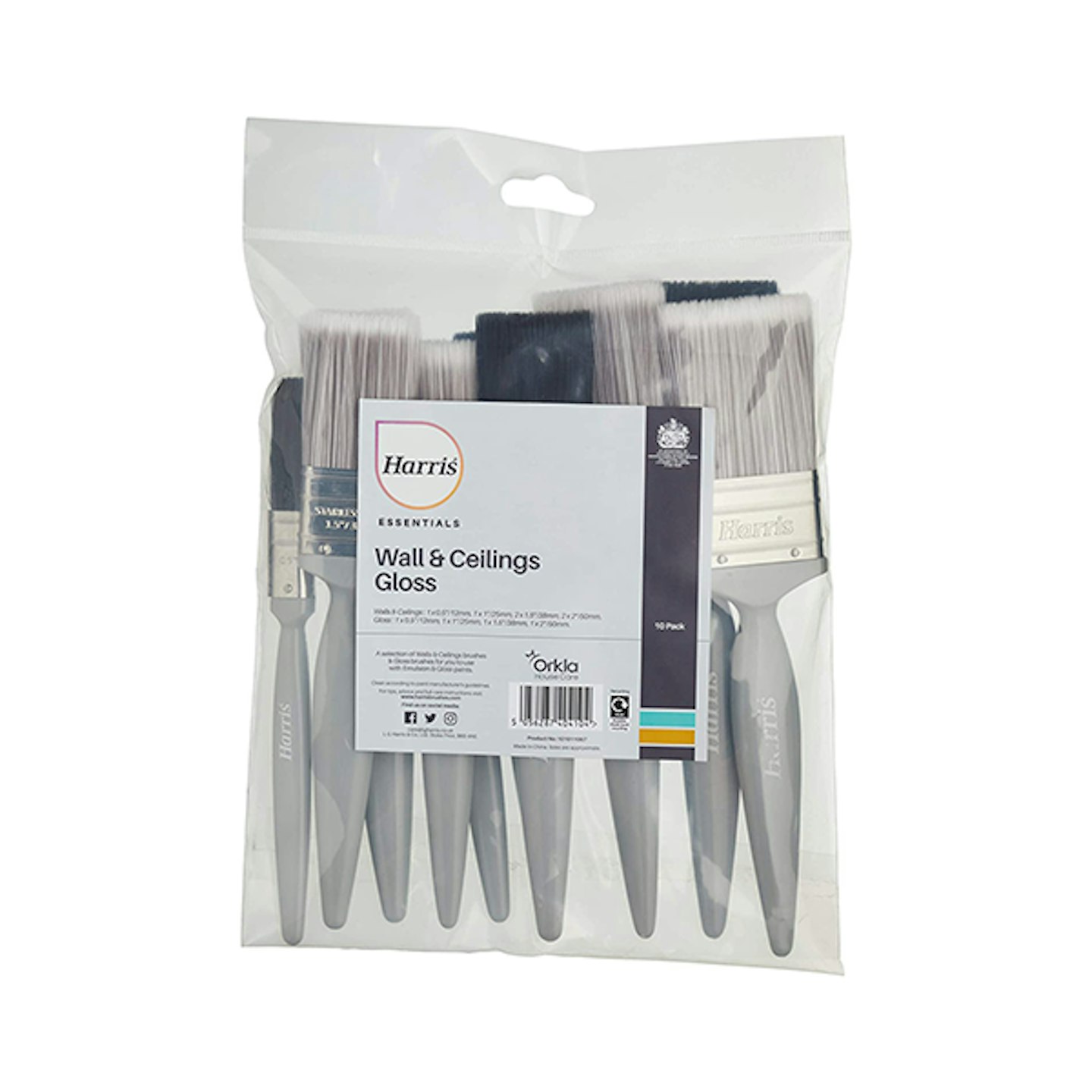 Harris Essentials Walls & Ceilings and Woodwork 10 Pack, 0, 1 x 1.5, 1 x 2 Gloss 1 x 0.5, 1 x 1, 2 x 1.5, 2X 2 Emulsion Paint Brushes
