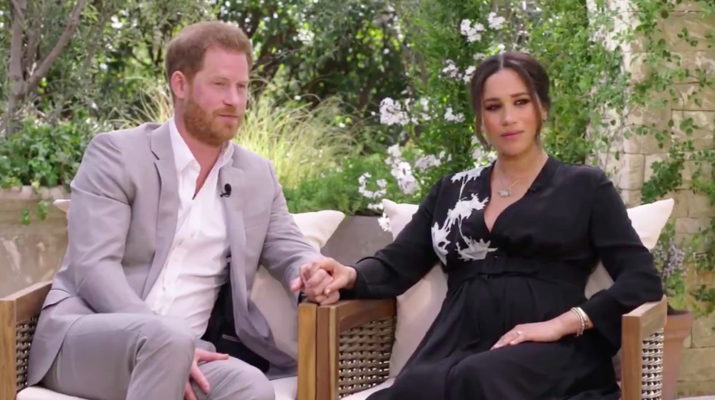 Prince Harry and Meghan Markle holding hands during interview with Oprah