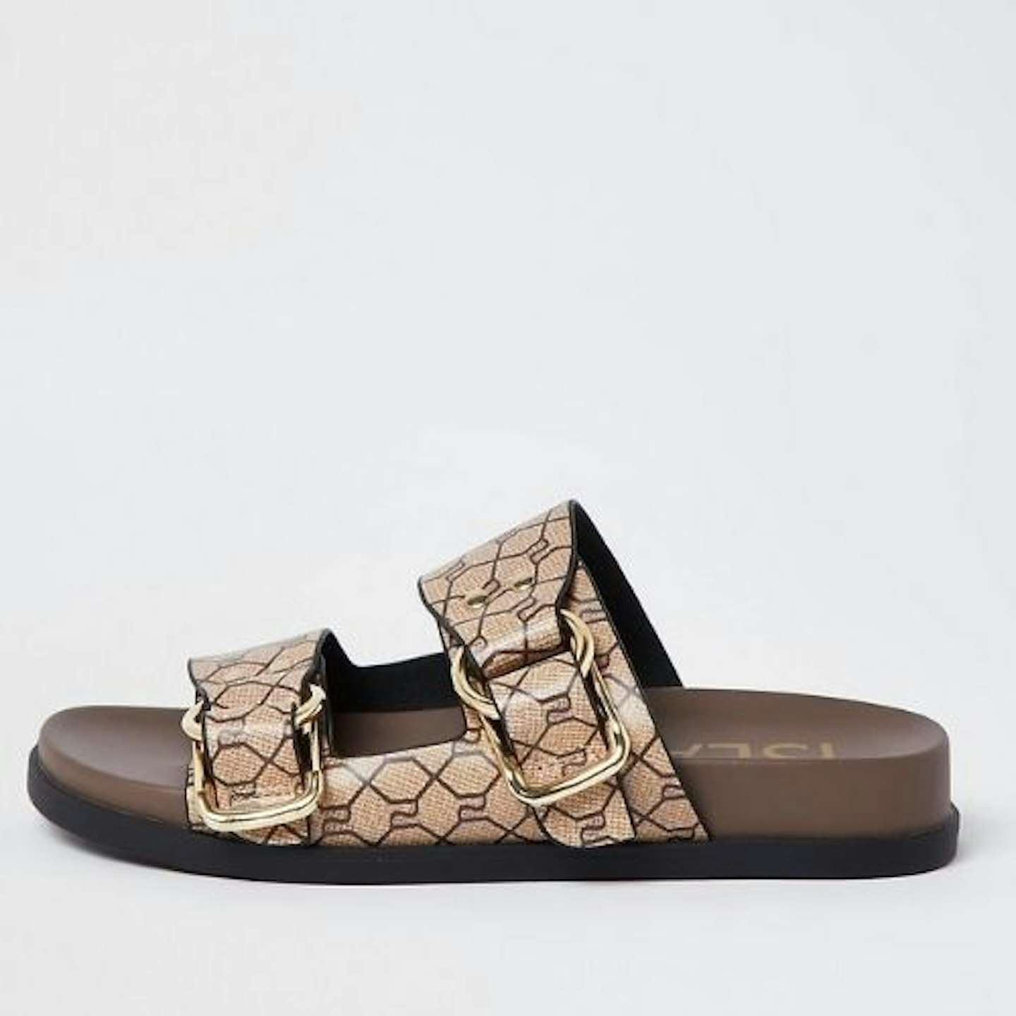Beige RI monogram double buckle strap sandal