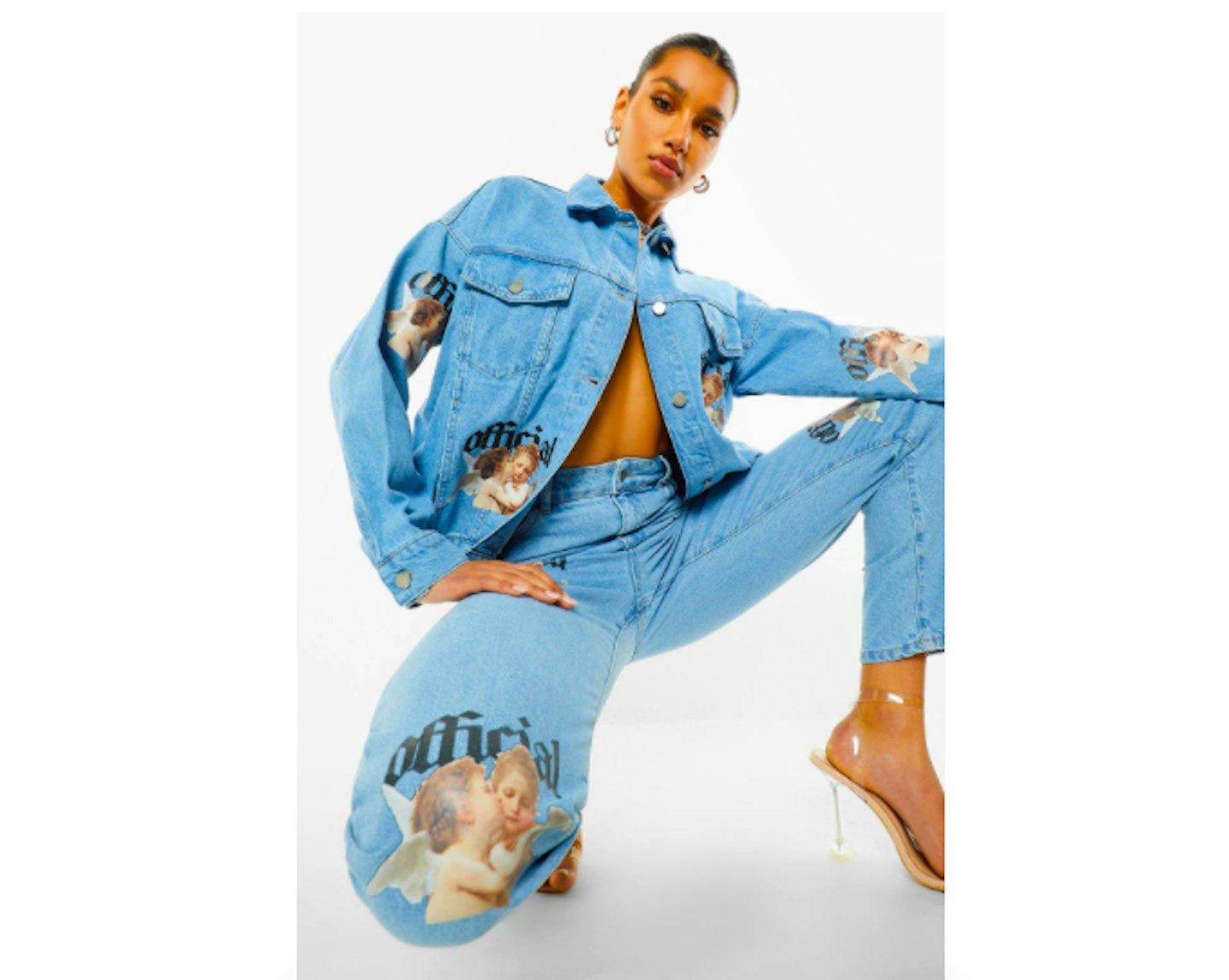 High Waist Cherub Print Straight Leg Jeans