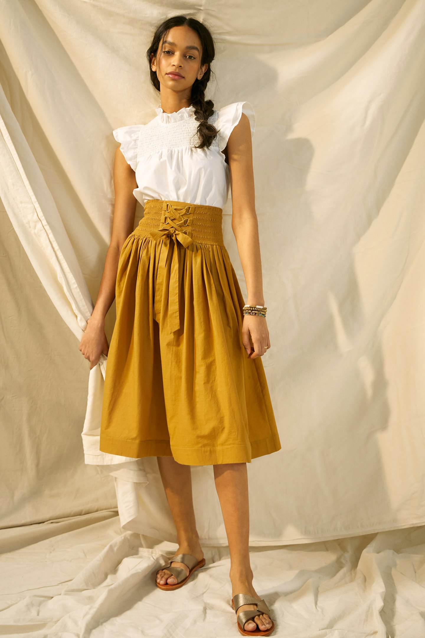 Let Me Be, Lynsey Smocked Lace-Up Midi Skirt, £120