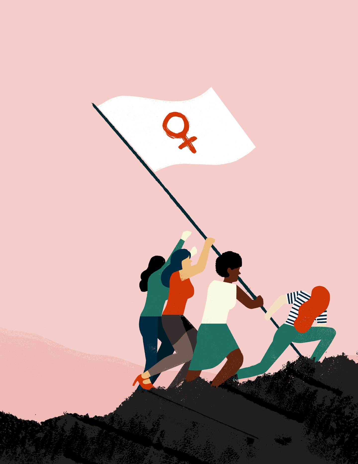 Women work together holding a flag