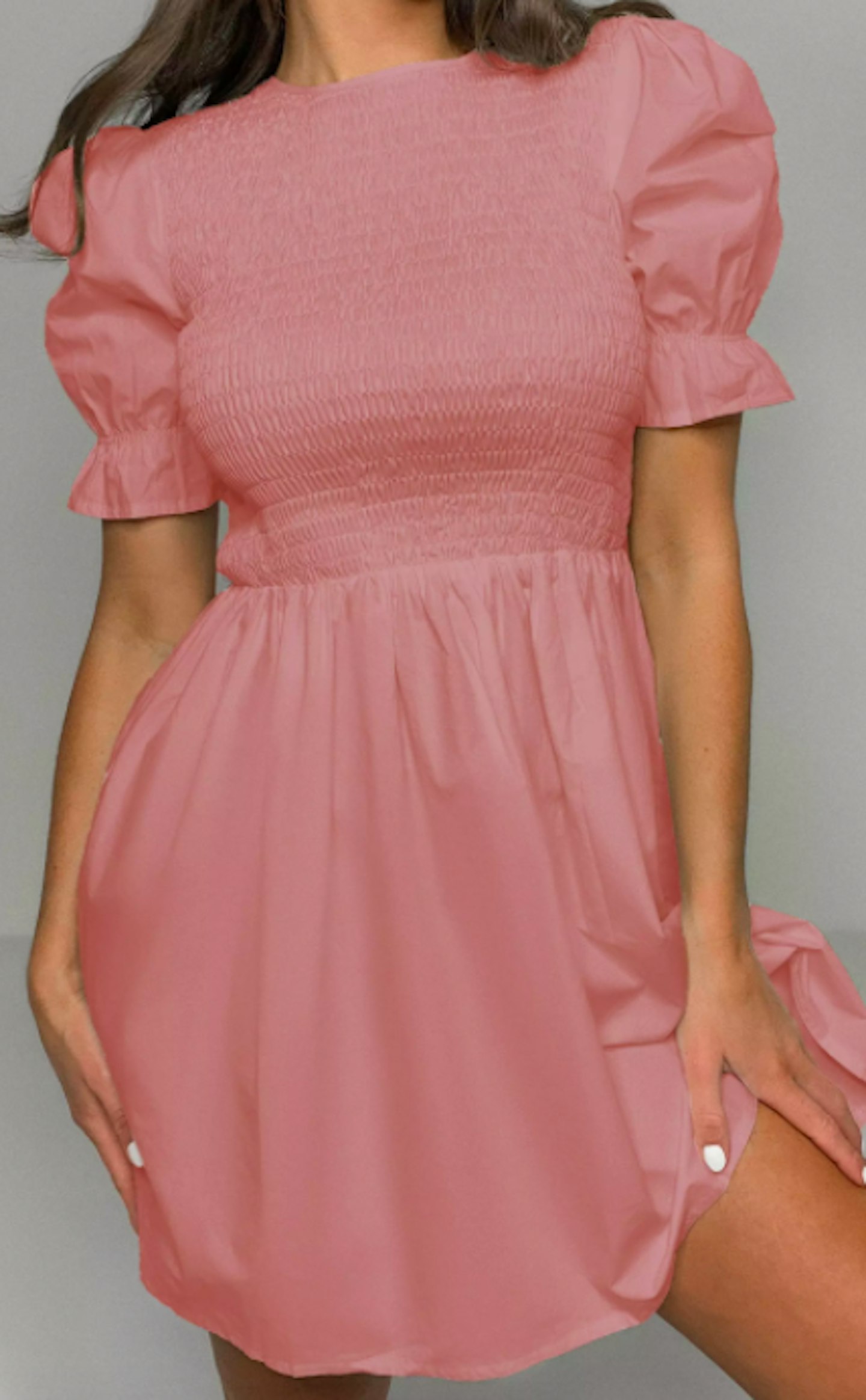 blush shirred bust frill sleeve dress